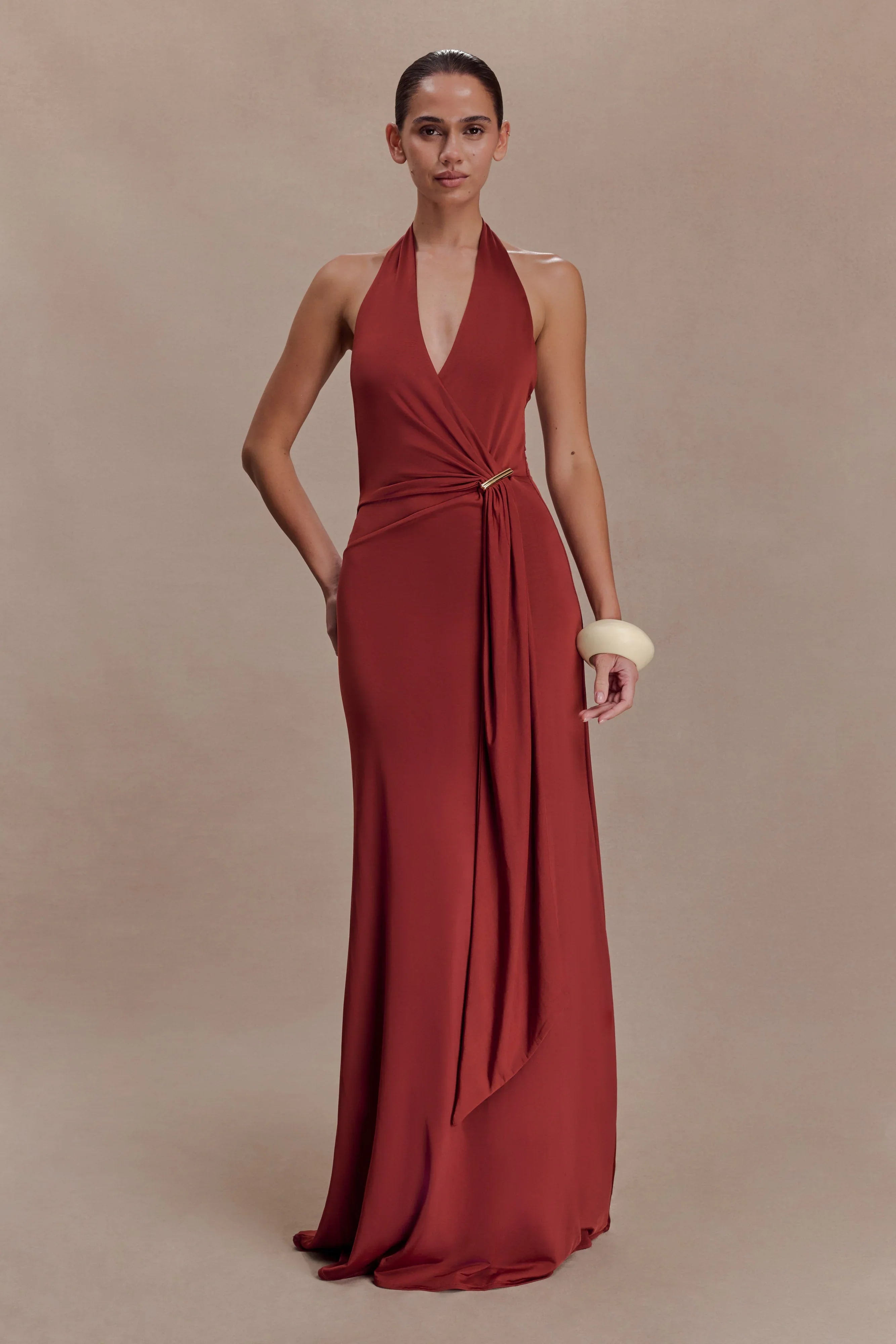 Veda Slinky Halter Maxi Dress Russet