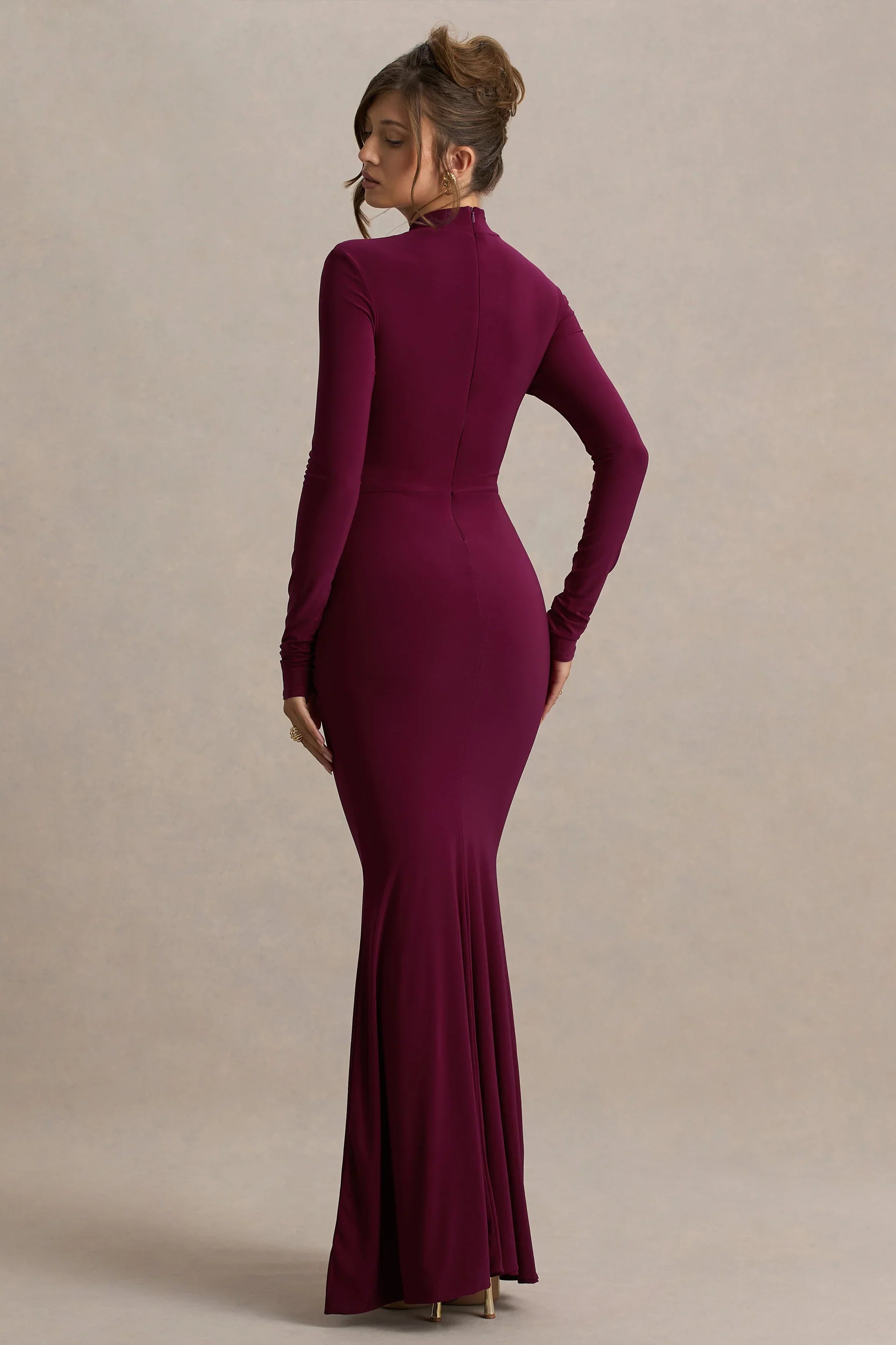 Pietra Berry High Neck Long Sleeve Knot Maxi Dress