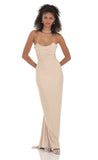 Strapless Corset Sequin Butterfly Maxi Dress in Beige