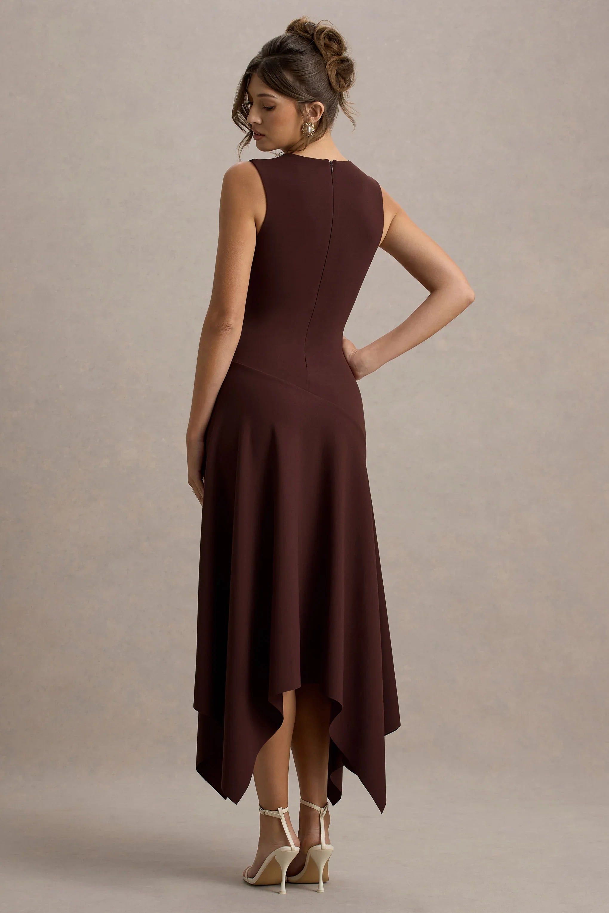 Francesca Brown Knotted Midi Dress With Handkerchief Hem