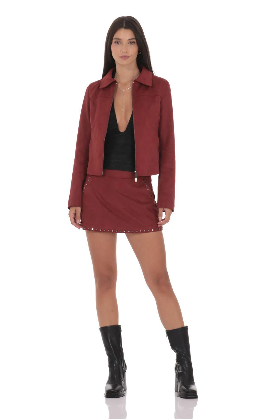 Suede Zip Up Jacket in Maroon