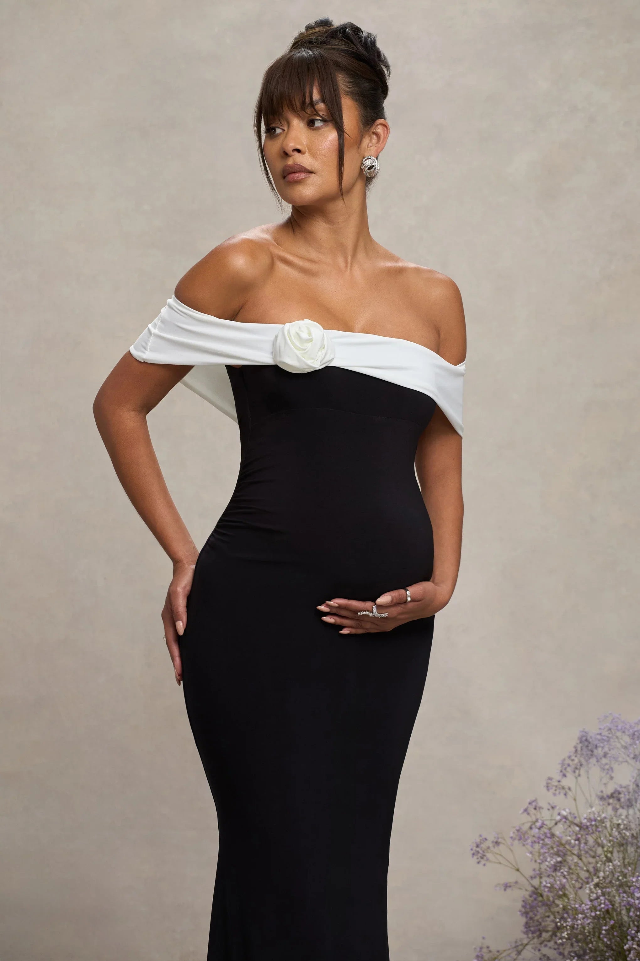 In Bloom Black White Bardot Maternity Maxi Dress With Flower