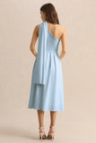 Odette Powder Blue Asymmetric Neck Midi Dress With Scarf