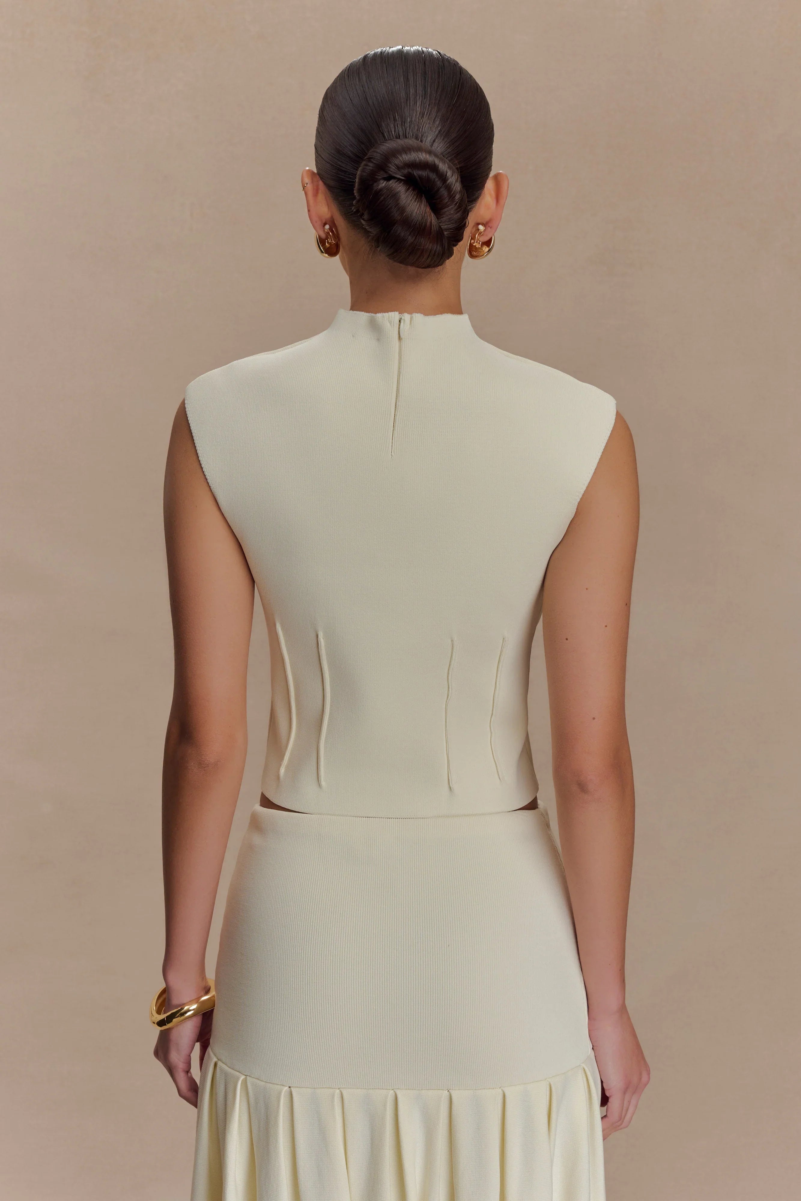 Romaine High Neck Bandage Knit Top Ivory