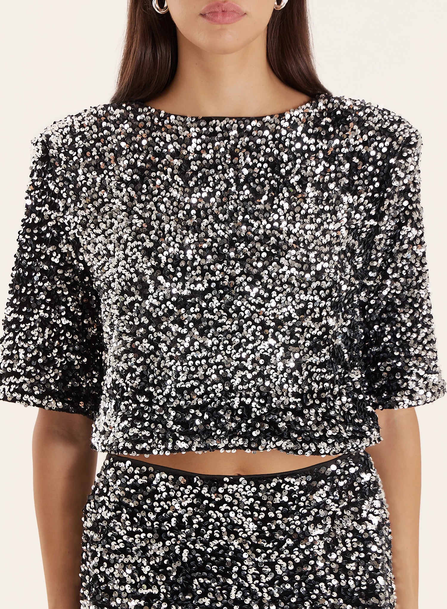 Black Sequin Boxy Crop T shirt