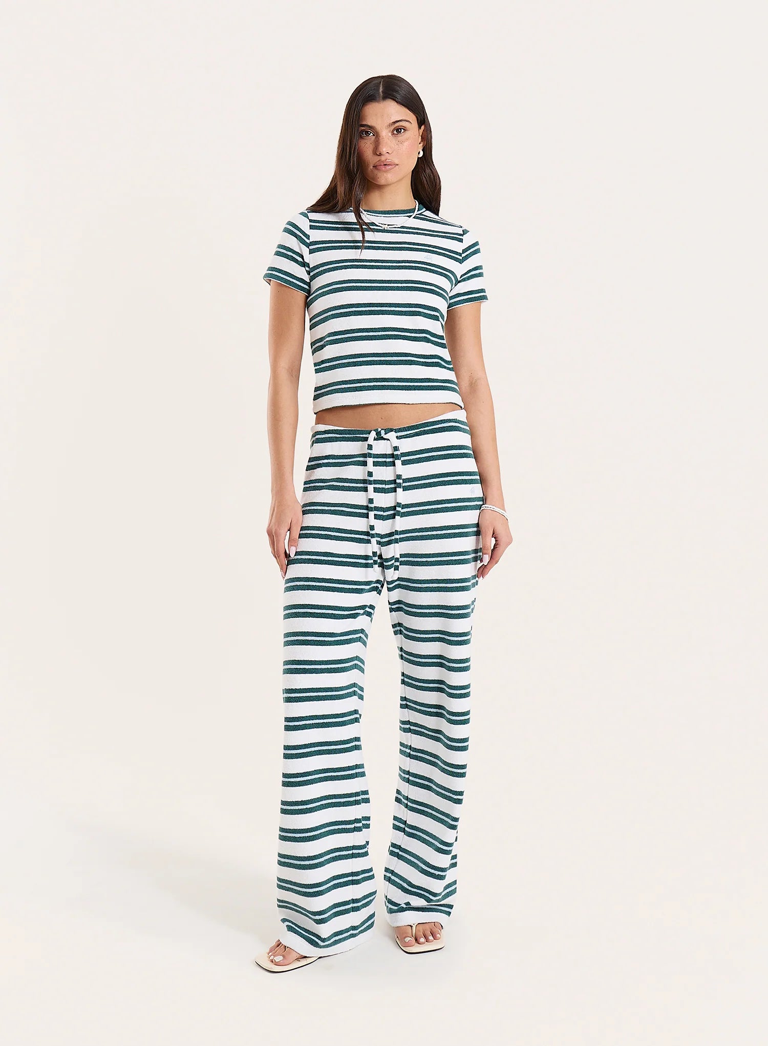 Green And White Stripe Towelling Short Sleeve Top