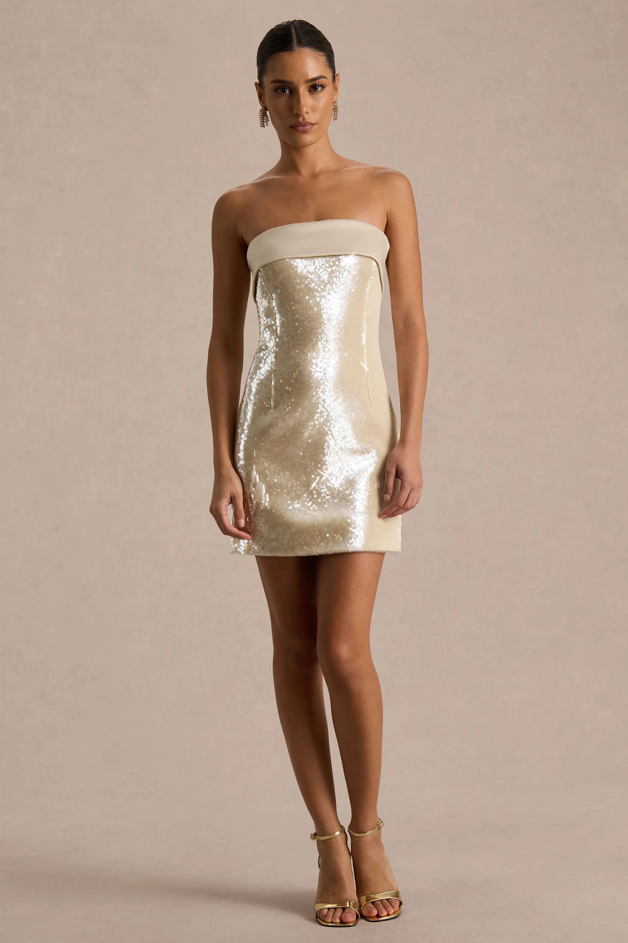 Casandra Champagne Sequin Bandeau Mini Dress With Satin Trim