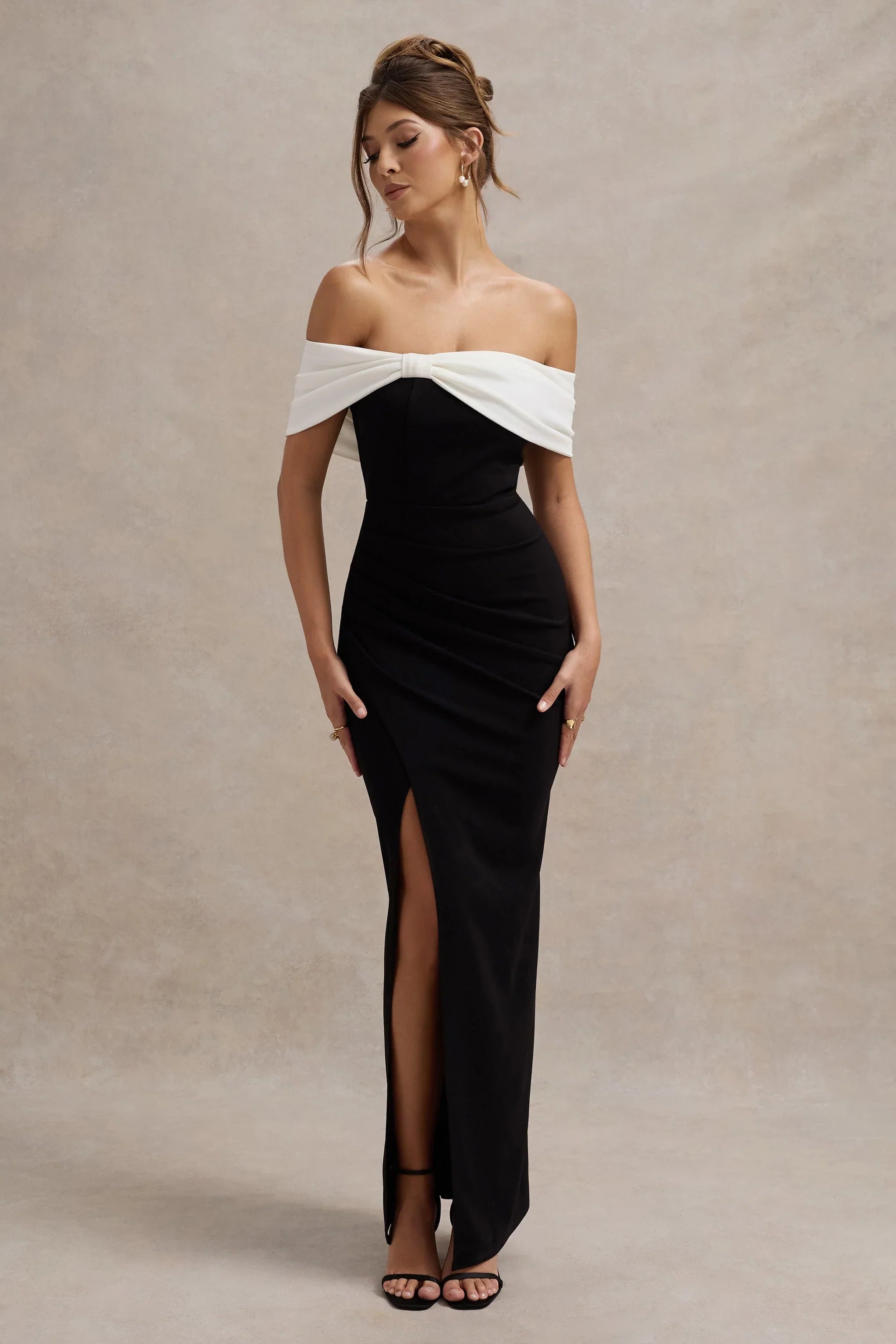 Eva Black White Bardot Bow Detail Maxi Dress With Thigh Split