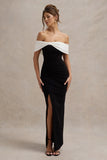 Eva Black White Bardot Bow Detail Maxi Dress With Thigh Split