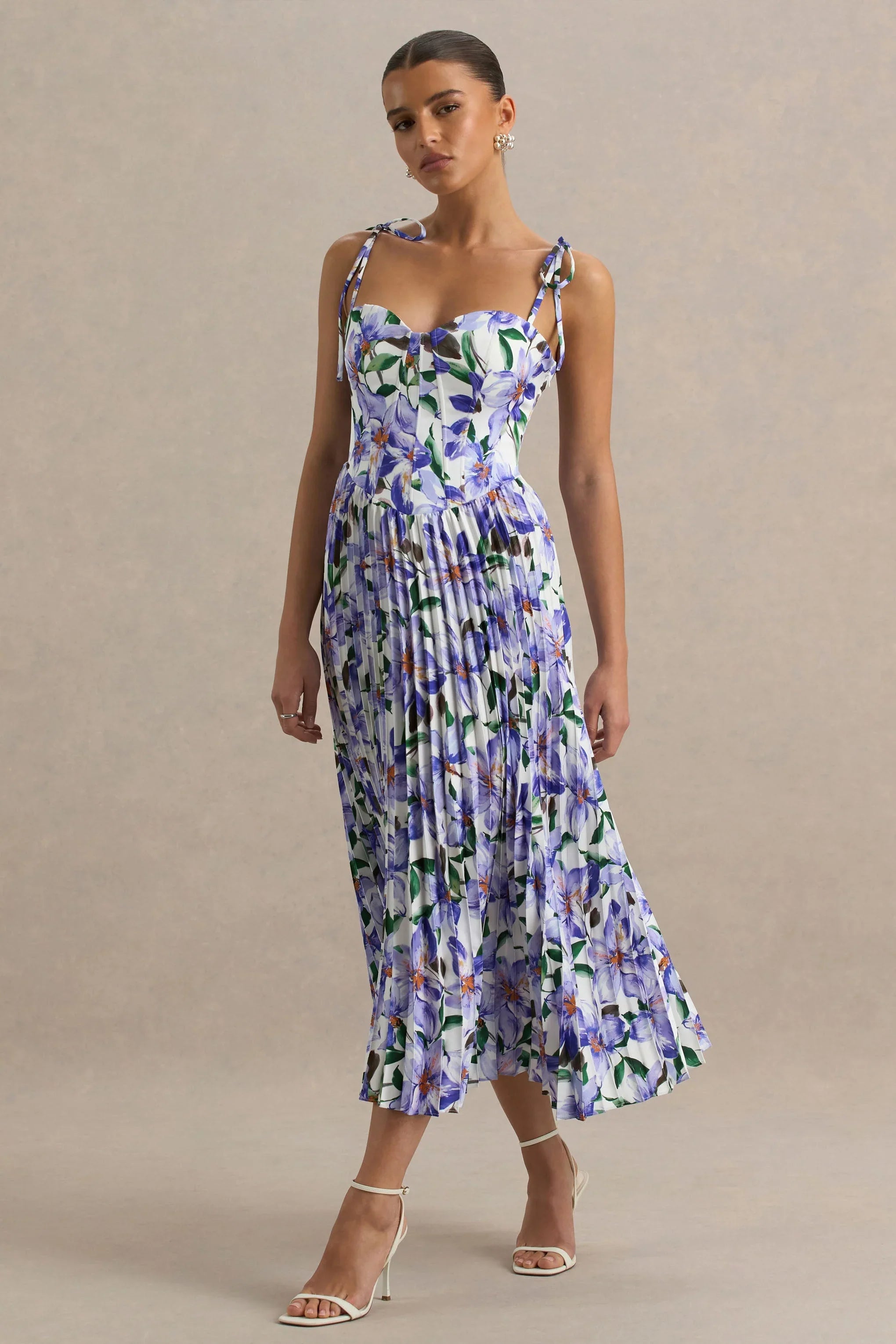 Peyton Purple Lily Print Satin Sweetheart Neck Midi Dress With Pleated Details