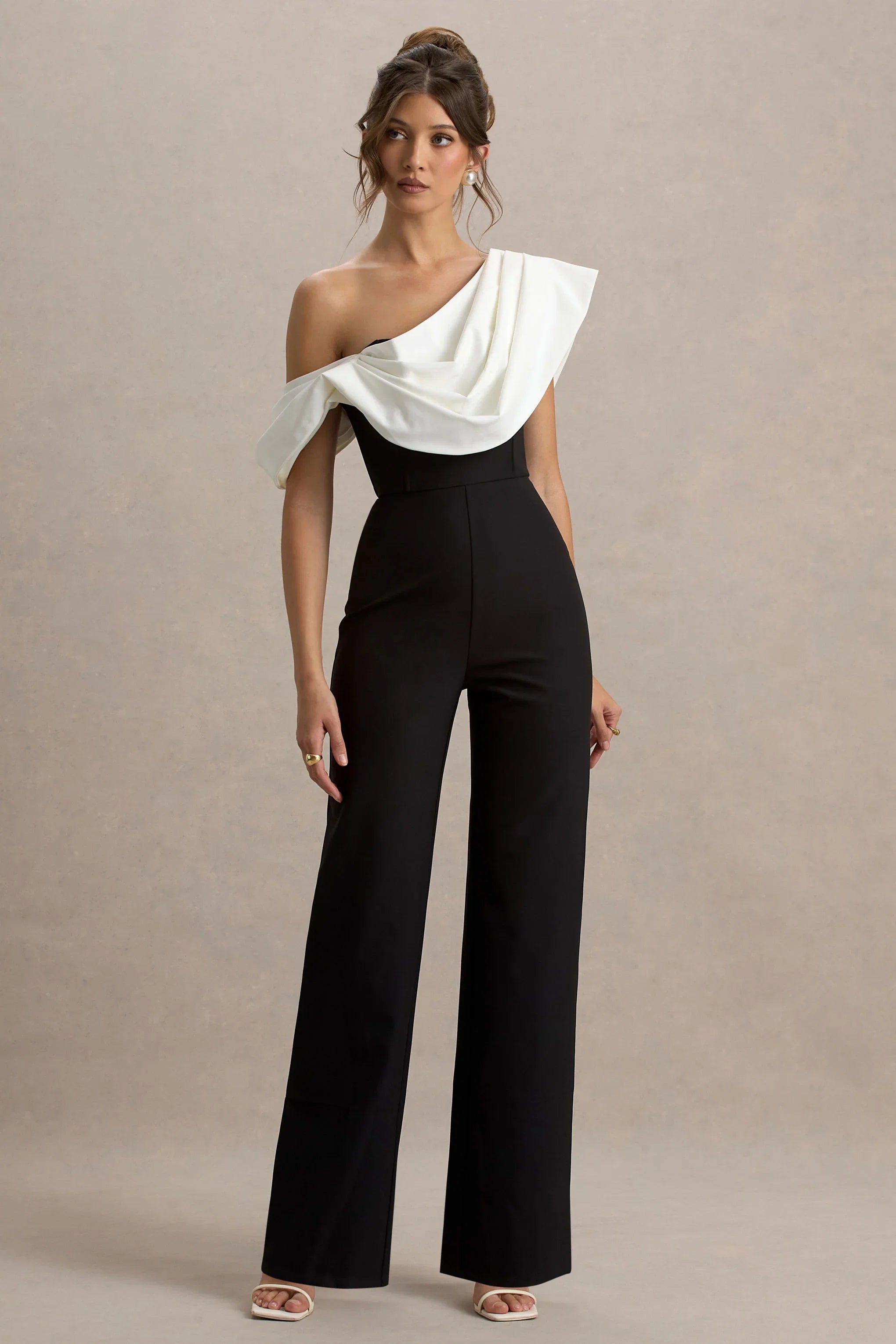 Falling For You Black White Asymmetric Draped Jumpsuit