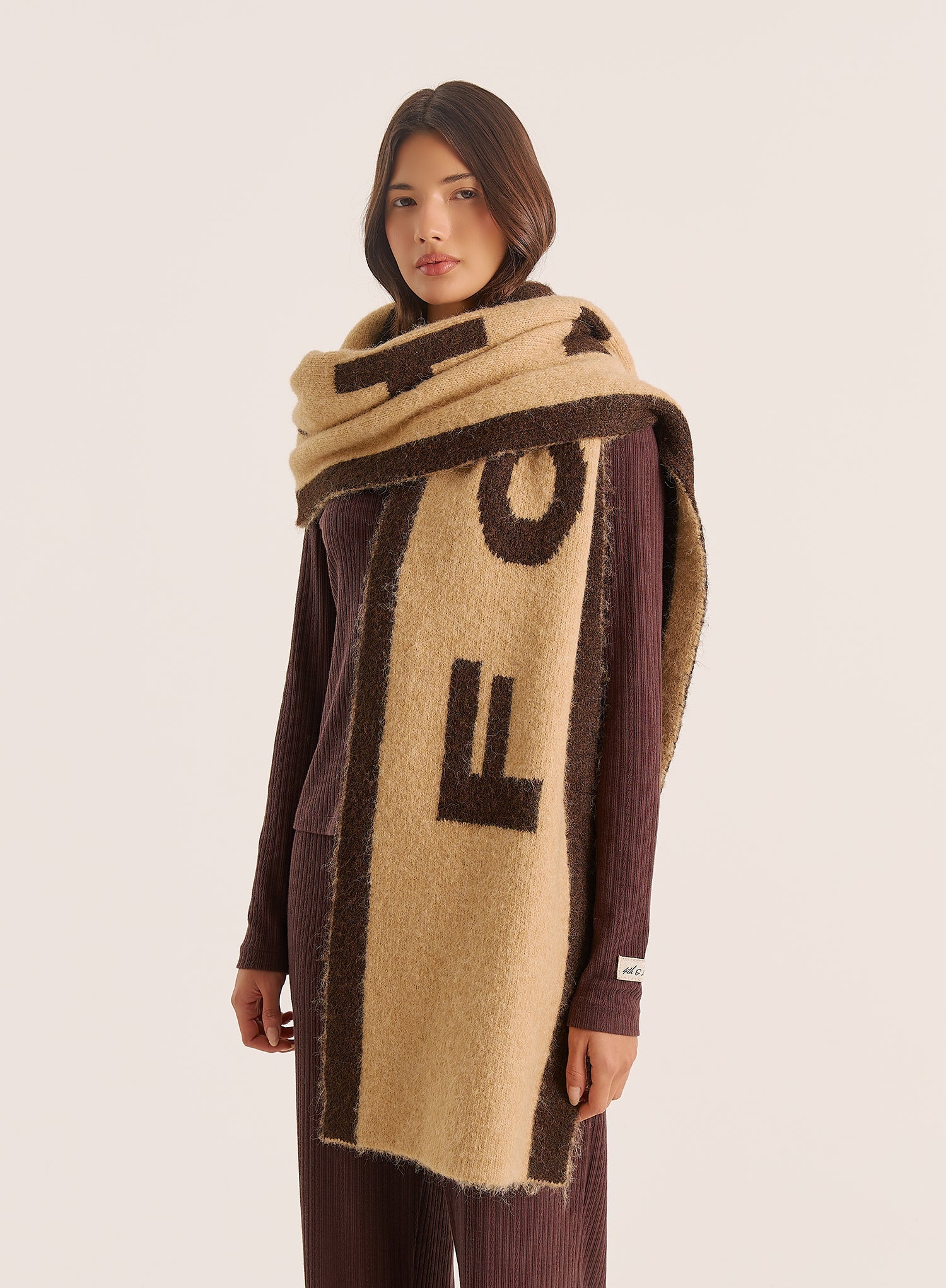 Beige Brown Knit Fourth Branded Scarf