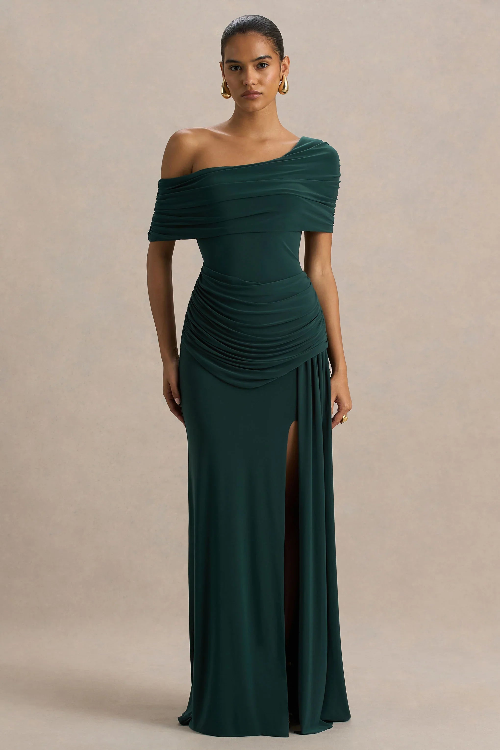 Dynasty Dark Green Asymmetric Neck Maxi Dress With Ruched Detailing And Front High Split