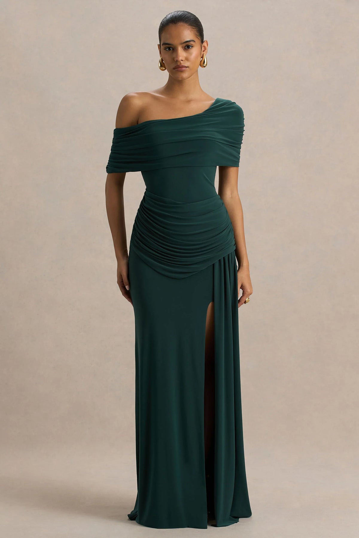 Dynasty Dark Green Asymmetric Neck Maxi Dress With Ruched Detailing And Front High Split