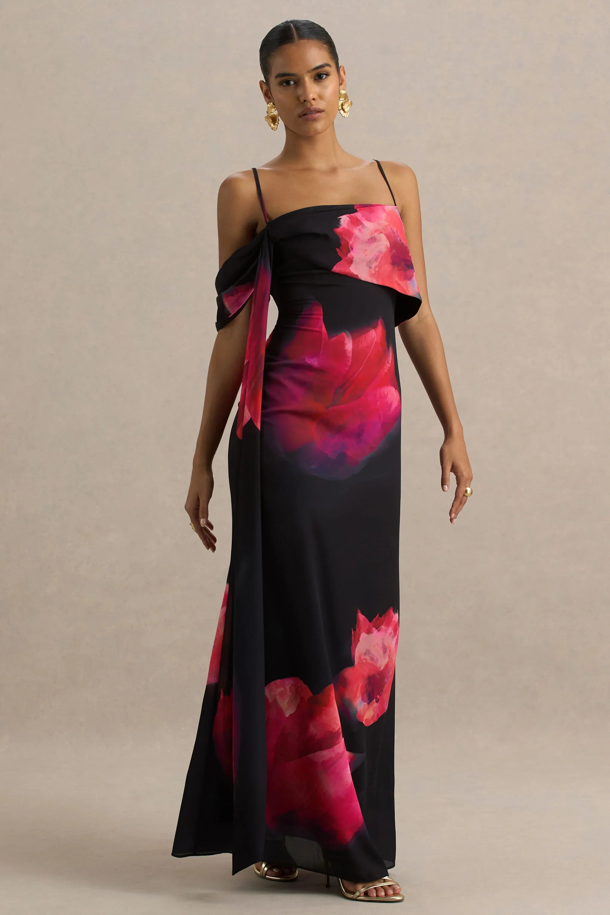 Leonara Black And Pink Floral Print Cowl Neck Maxi Dress With One Sleeve