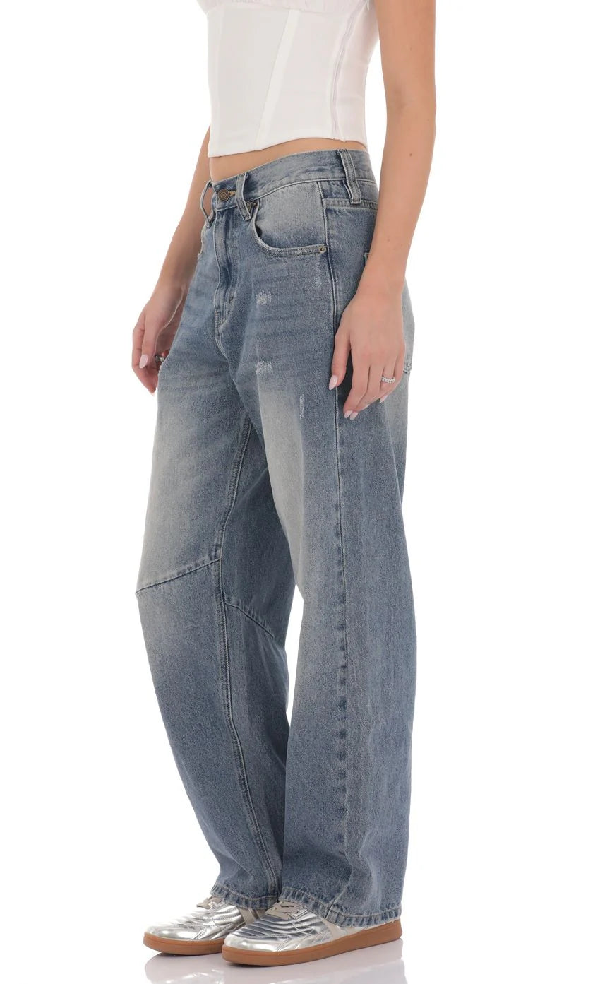 Distress Barrel Jeans in Faded Denim