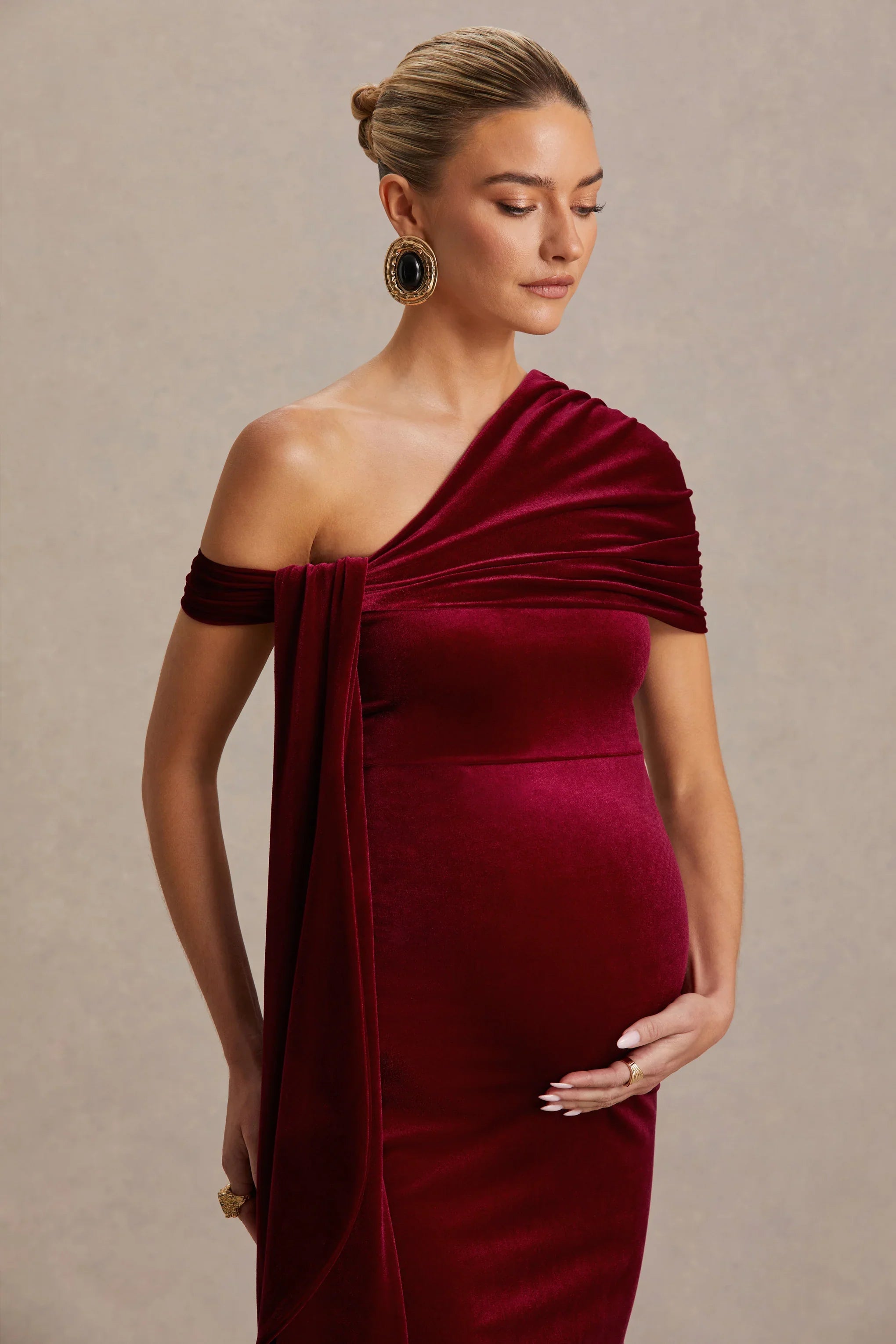 Zena Burgundy Velvet Asymmetric Neck Maternity Midi Dress With Knot And Sash Detail