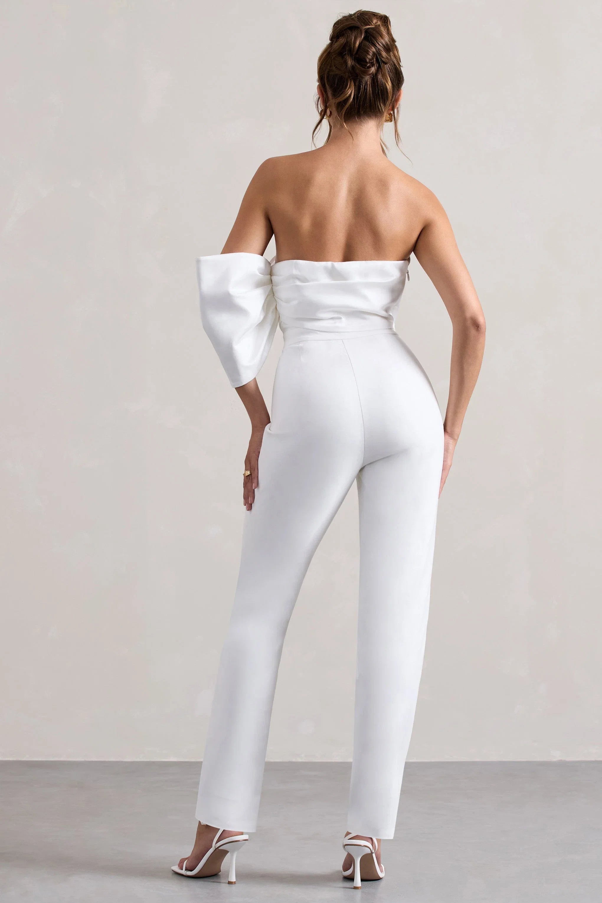 Adabella White Satin Strapless One Sleeve Straight Leg Jumpsuit