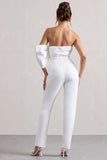 Adabella White Satin Strapless One Sleeve Straight Leg Jumpsuit