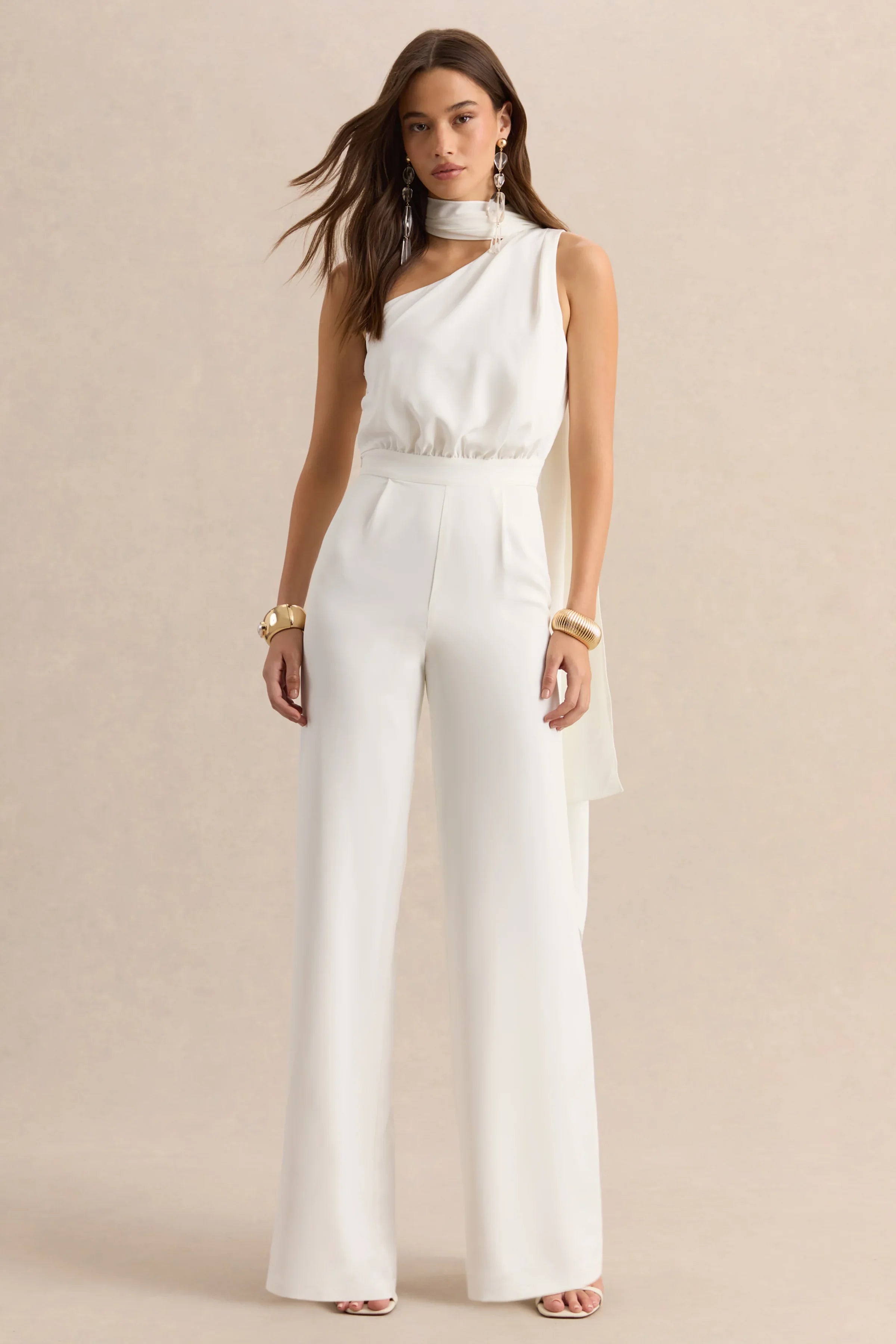 Gliselle White Asymmetric Neck Jumpsuit With Scarf Detail