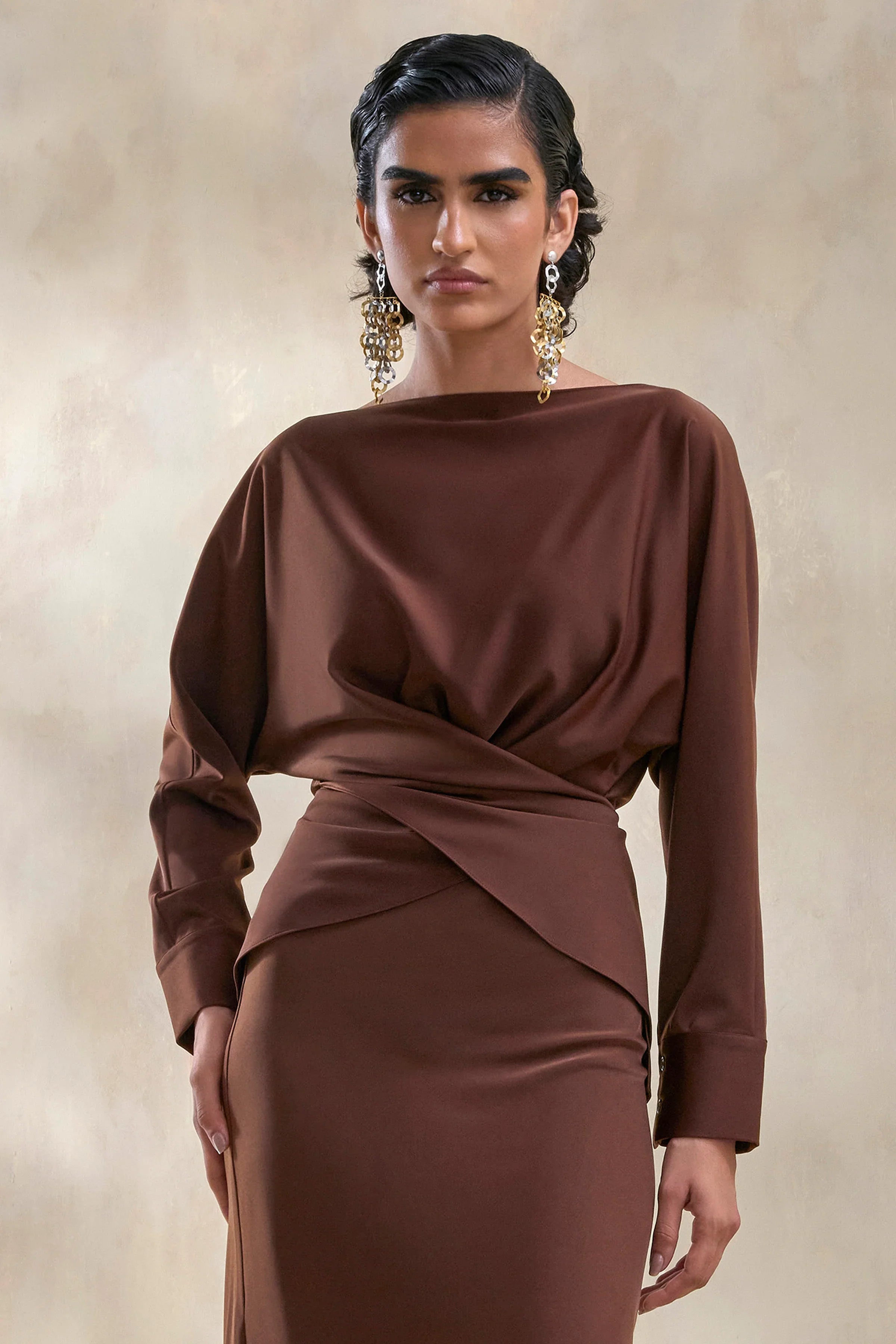Miravia Brown Satin Wide Neck Long Sleeve Top