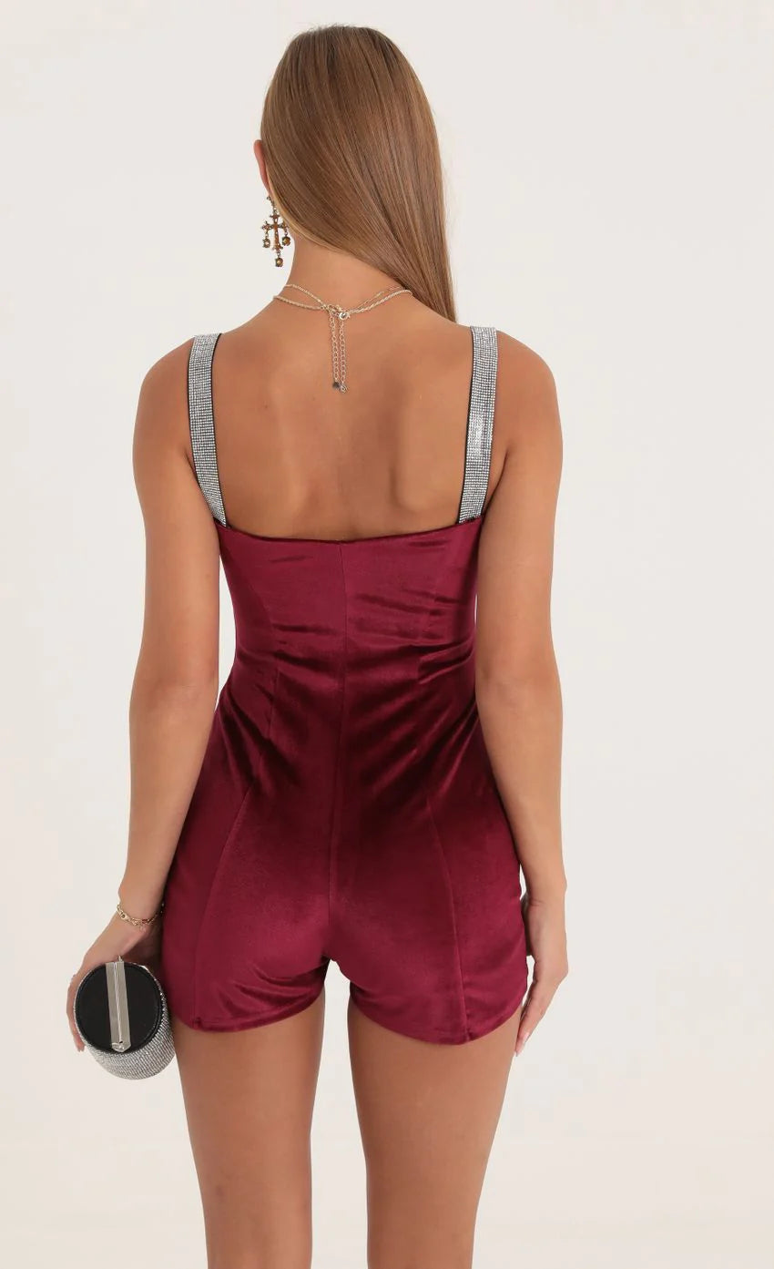 Velvet Hook and Eye Romper in Red