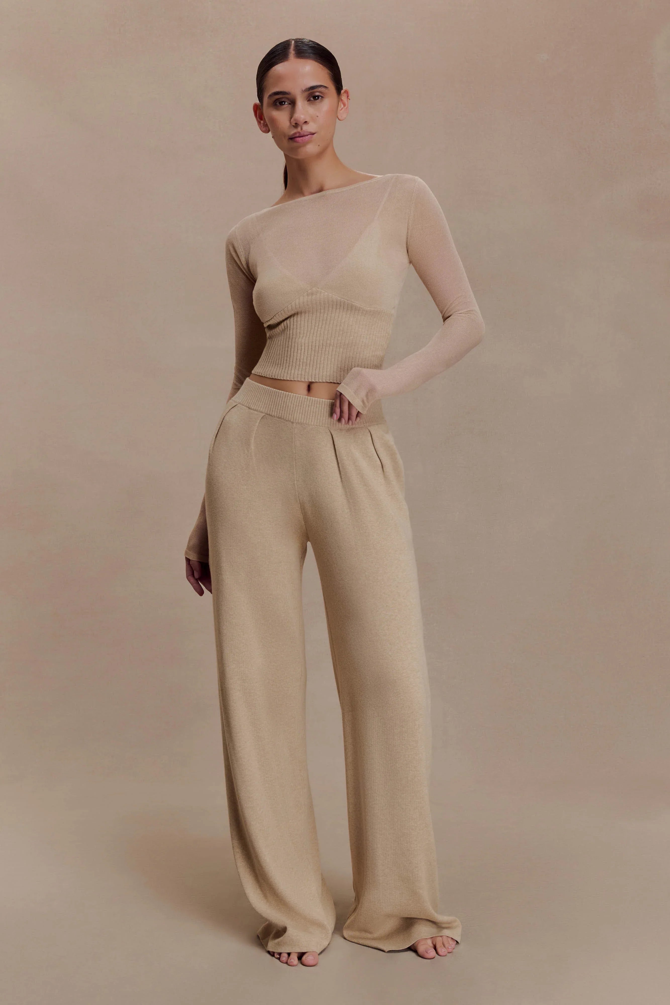 Frannie Gathered Silk Blend Knit Pants Sand
