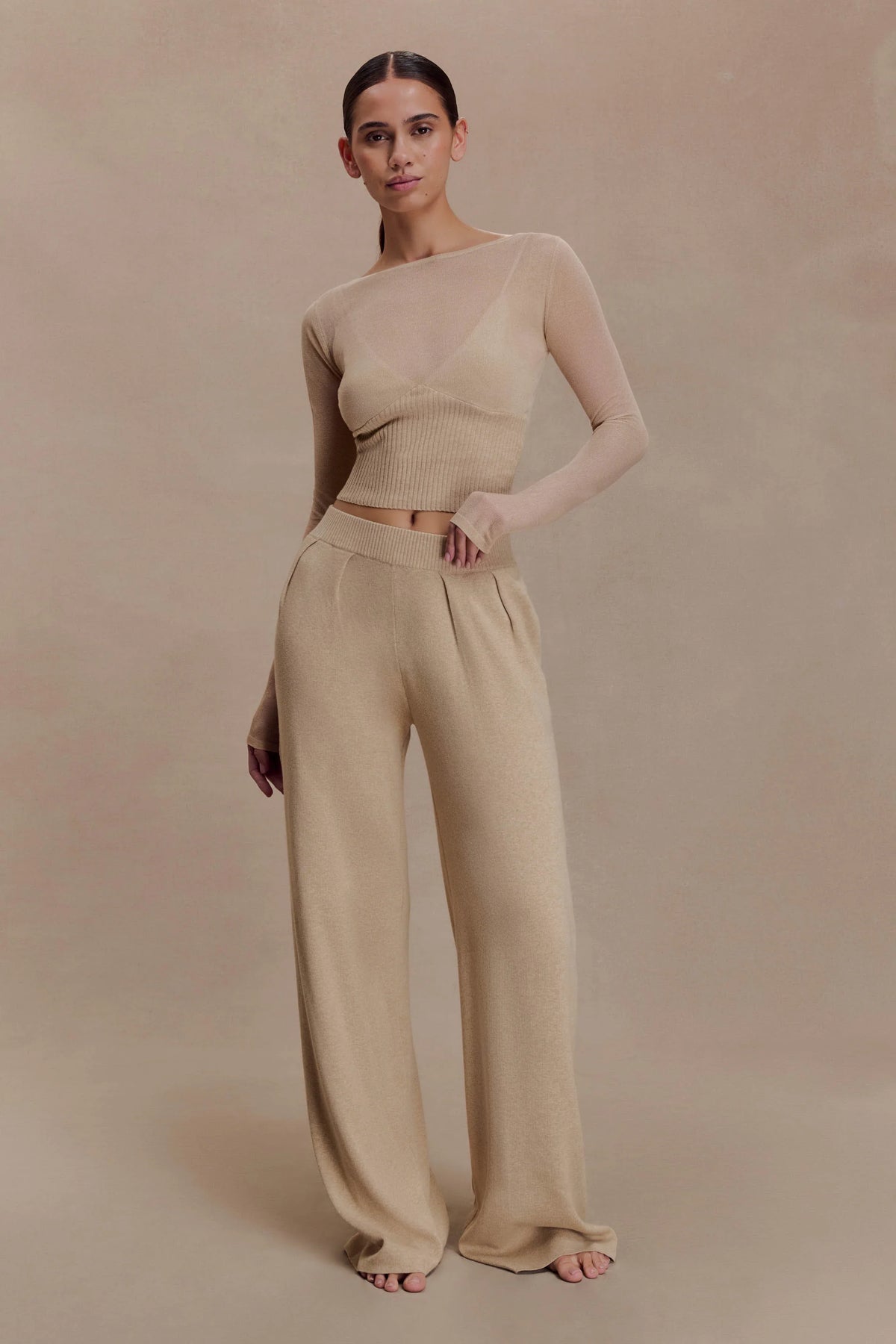 Frannie Gathered Silk Blend Knit Pants Sand
