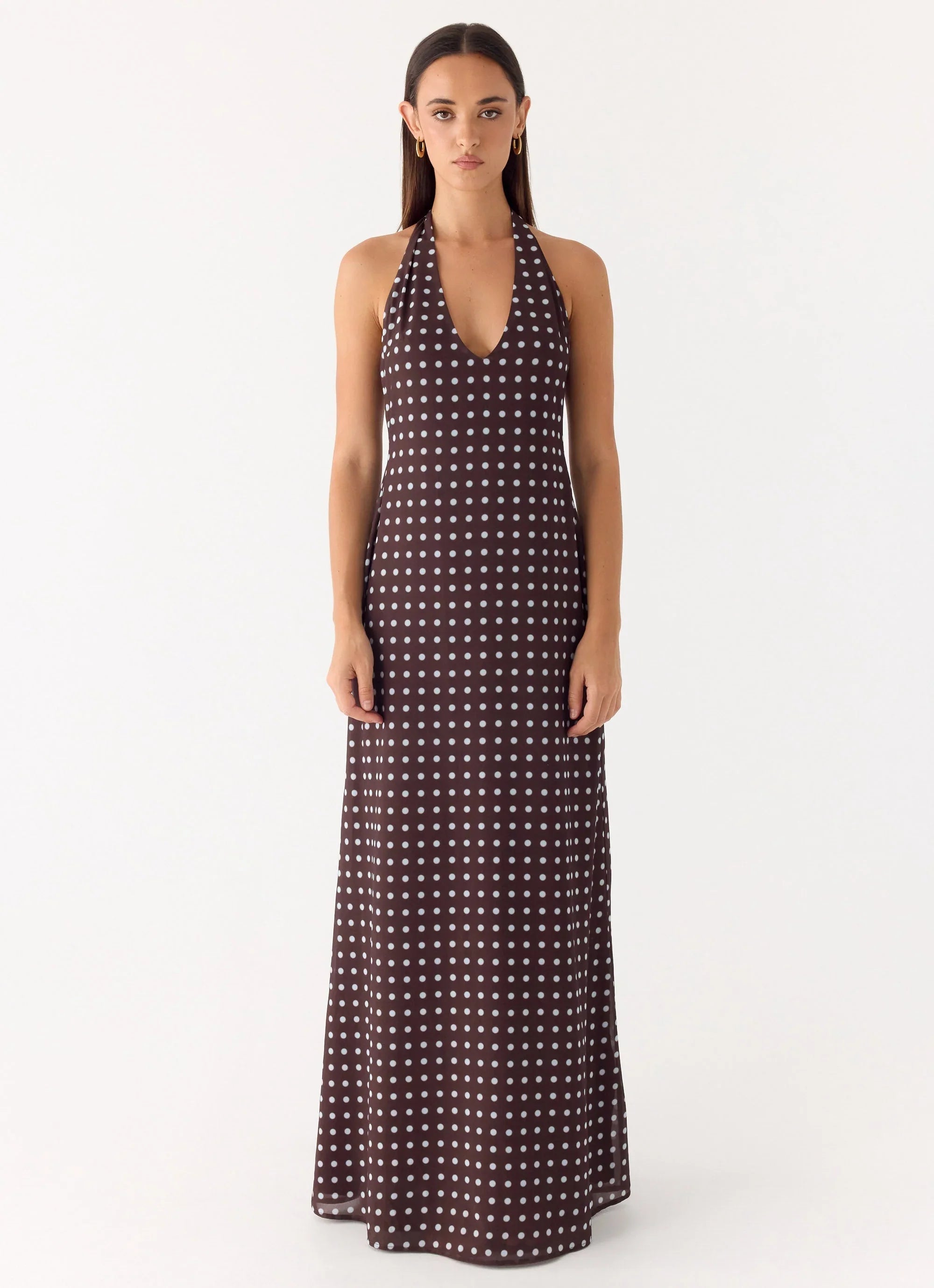 Float Away Maxi Dress Chocolate Blue Dot