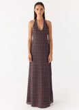 Float Away Maxi Dress Chocolate Blue Dot