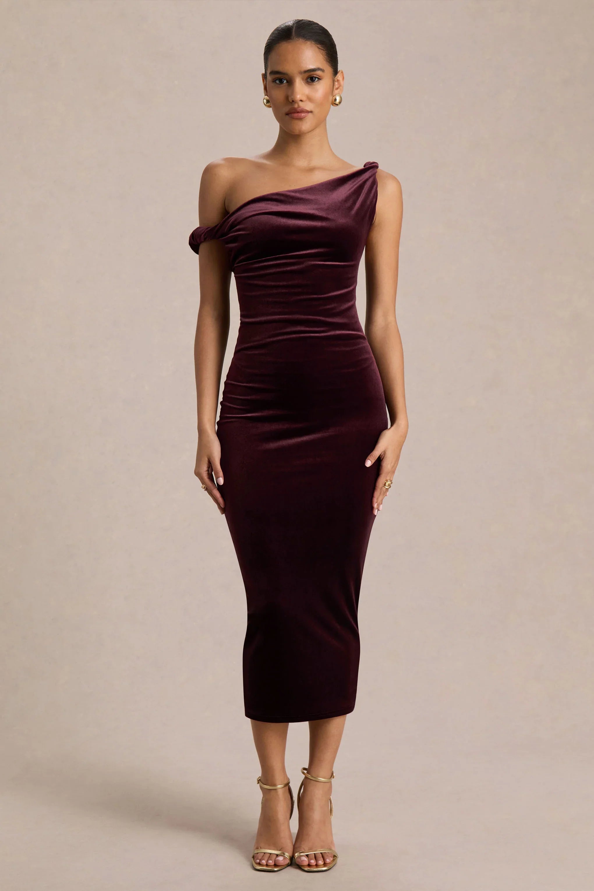 Carella Burgundy Velvet Twisted Asymmetric Midi Dress