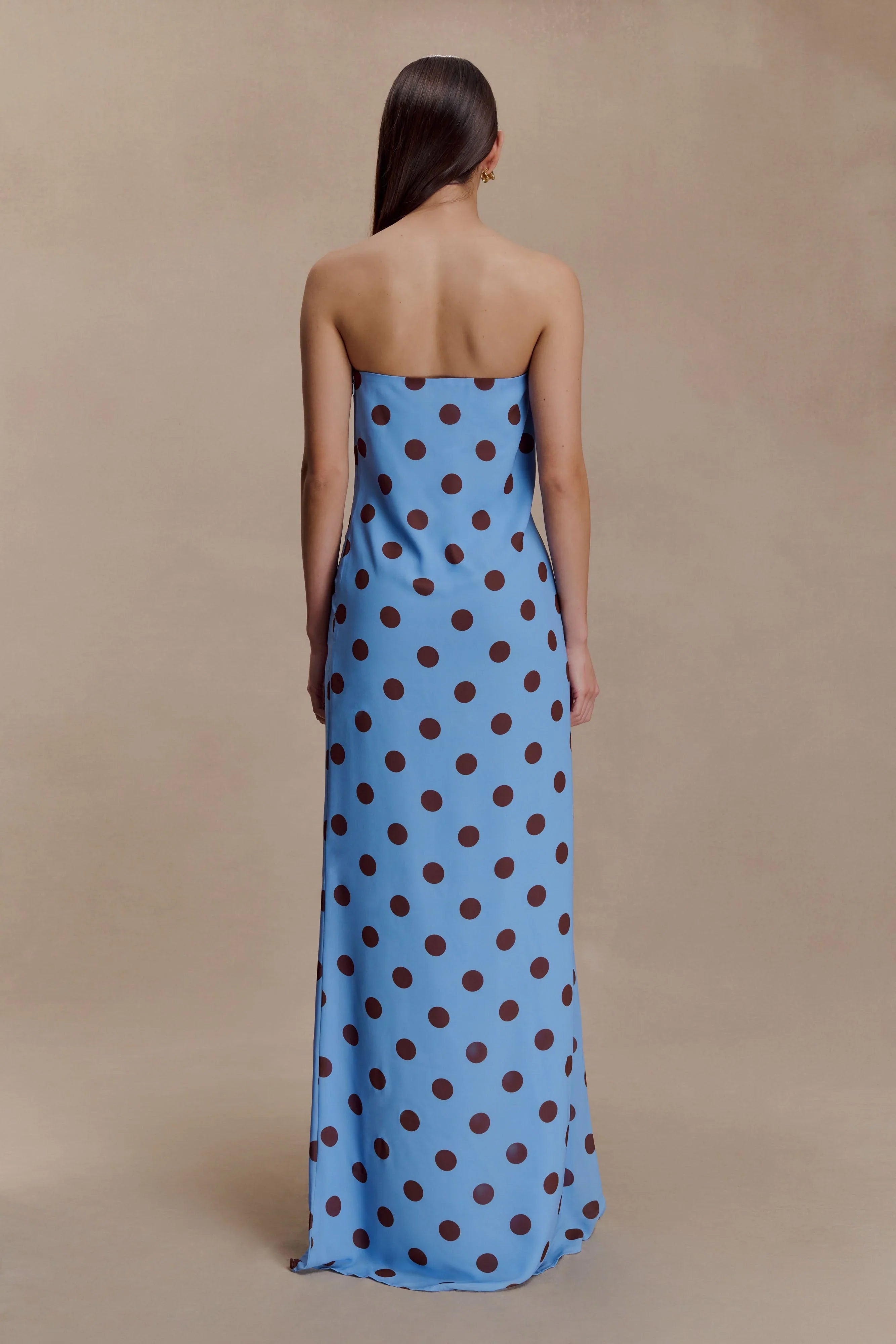 Amaya Strapless Chiffon Maxi Dress Blue Polka Dot