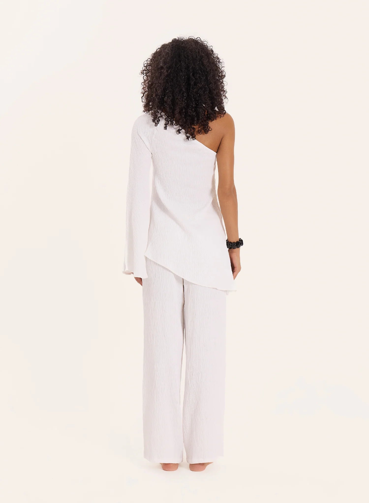 Cream Crinkle Tie Waist Straight Leg Trousers