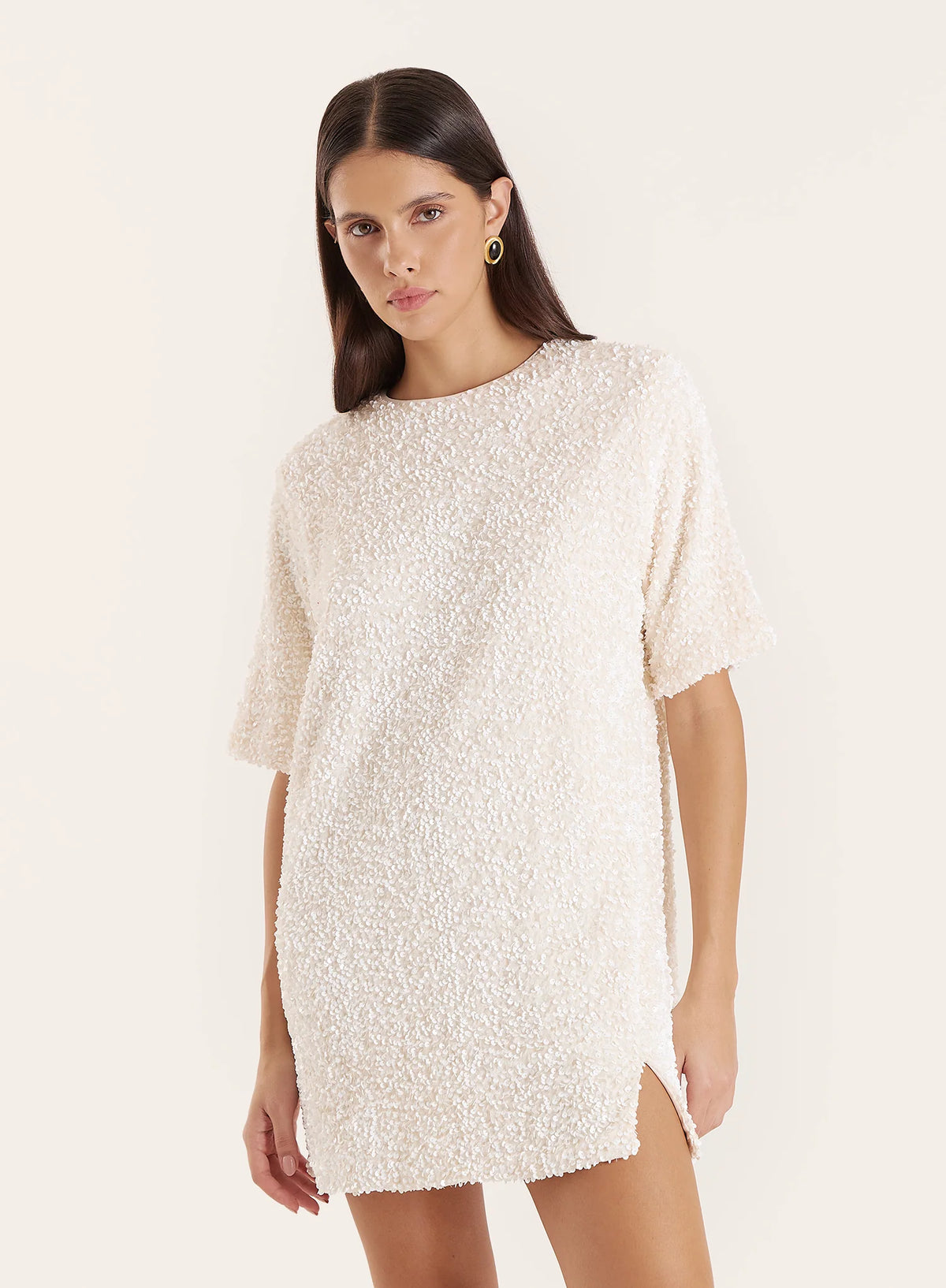 Cream Sequin Bow Tie Back Mini Dress
