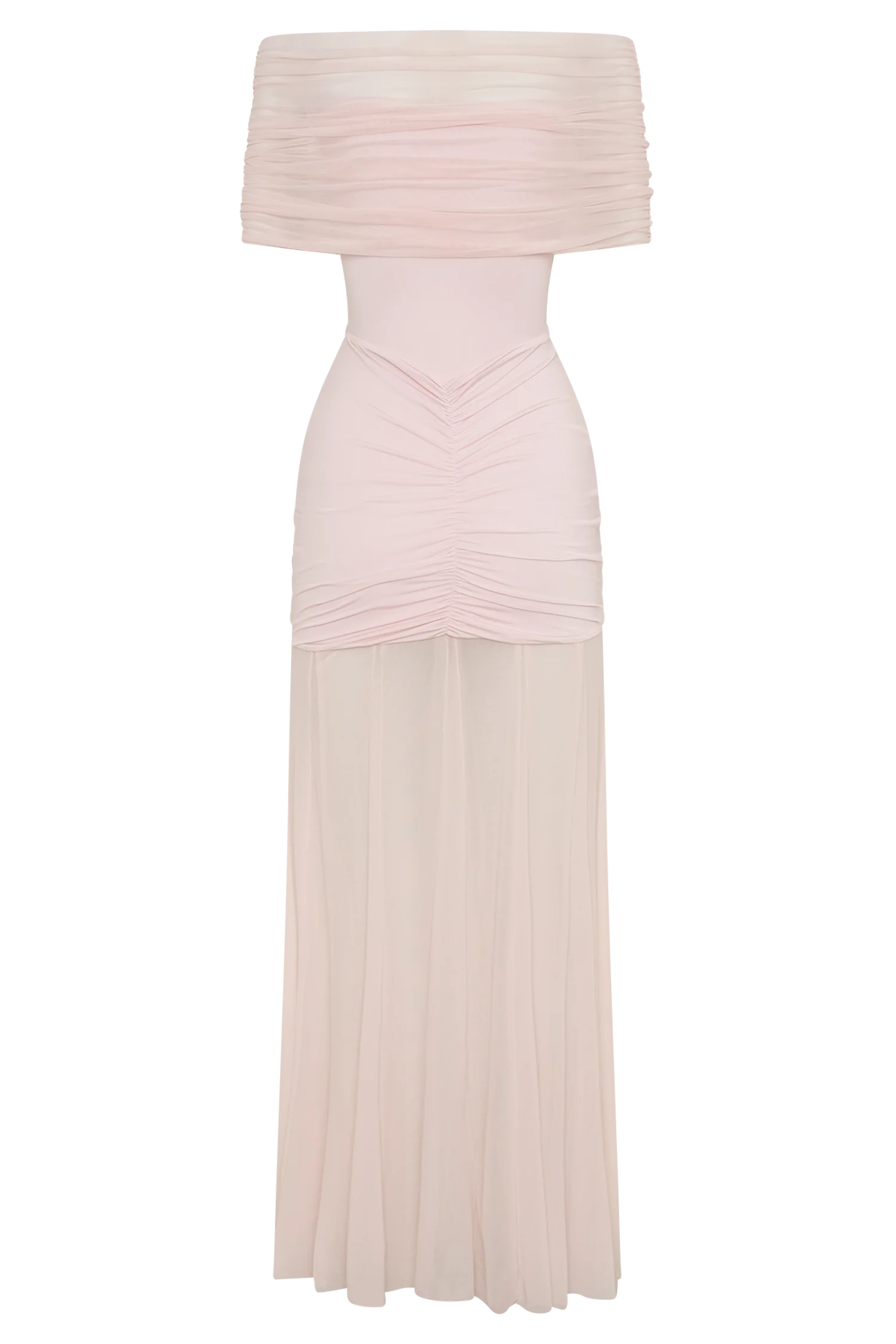 Caspian Slinky And Mesh Off Shoulder Maxi Dress Pale Pink