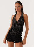 Gail Beaded Cowl Halterneck Top Black