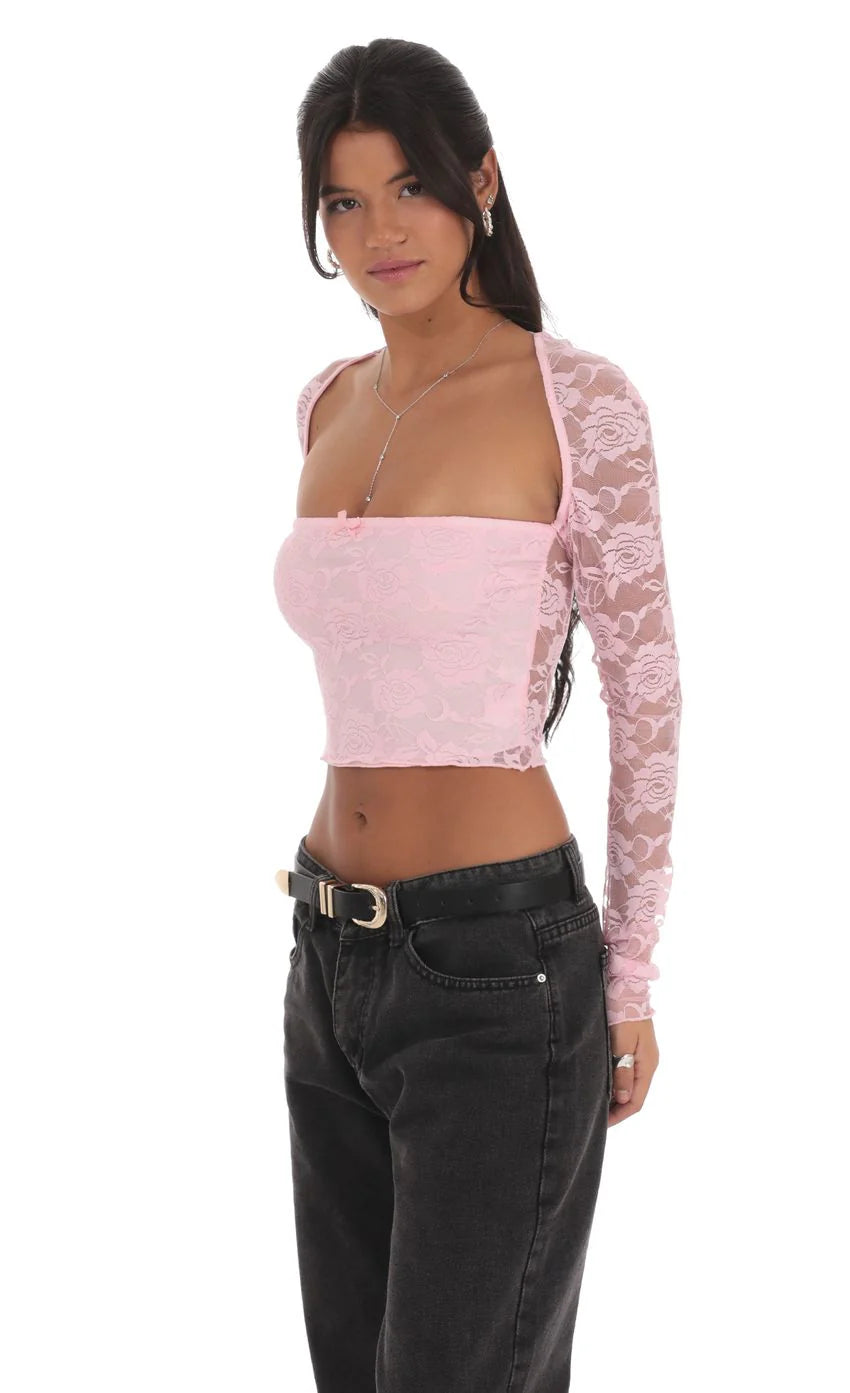 Lace Long Sleeve Top in Pink