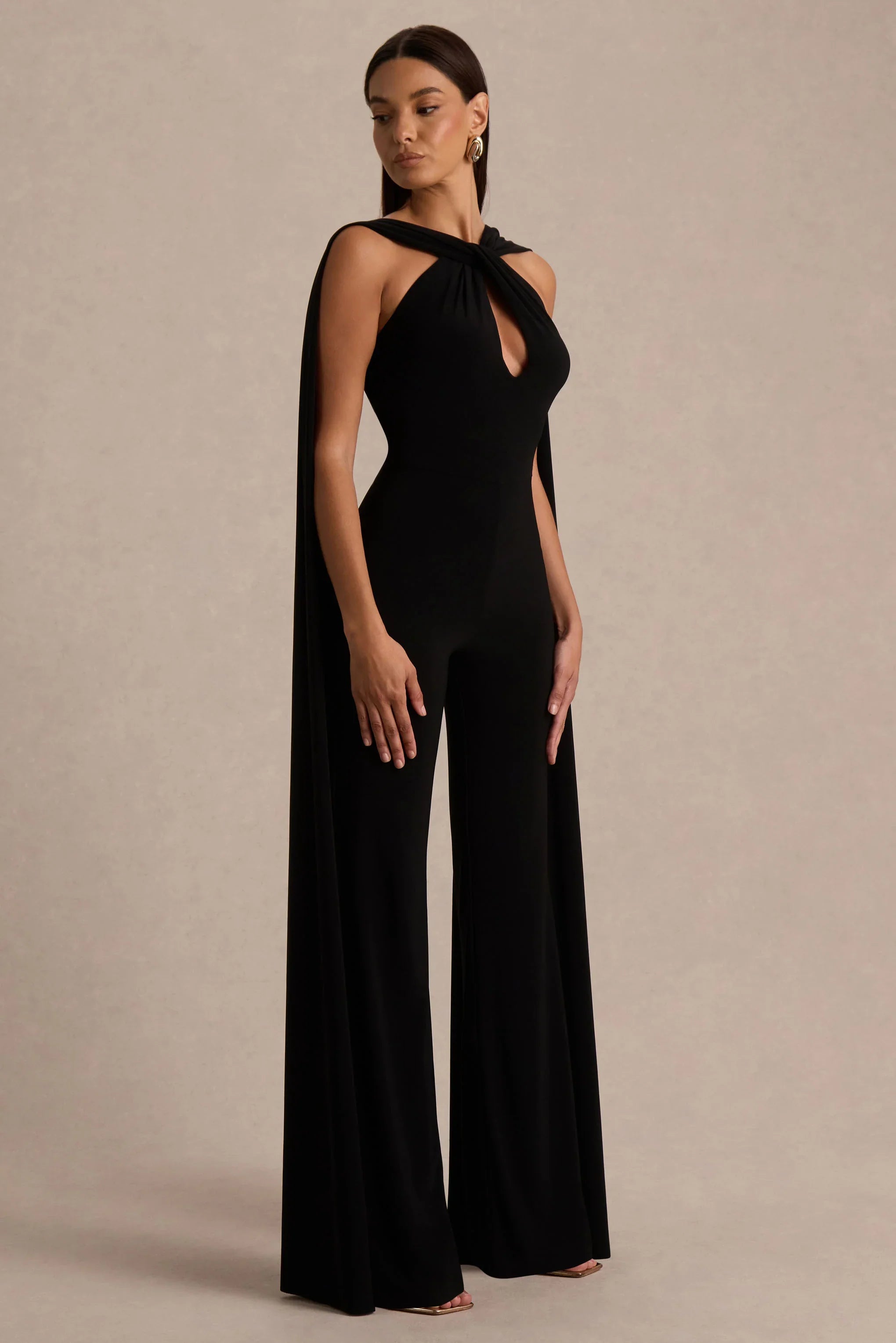Mindy Black Twist Halter Neck Jumpsuit With Cape