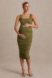 Lisbon Olive Maternity Square Neck Ruched Midi Dress