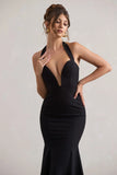 Plaza Black Plunge Halter Neck Fishtail Maxi Dress