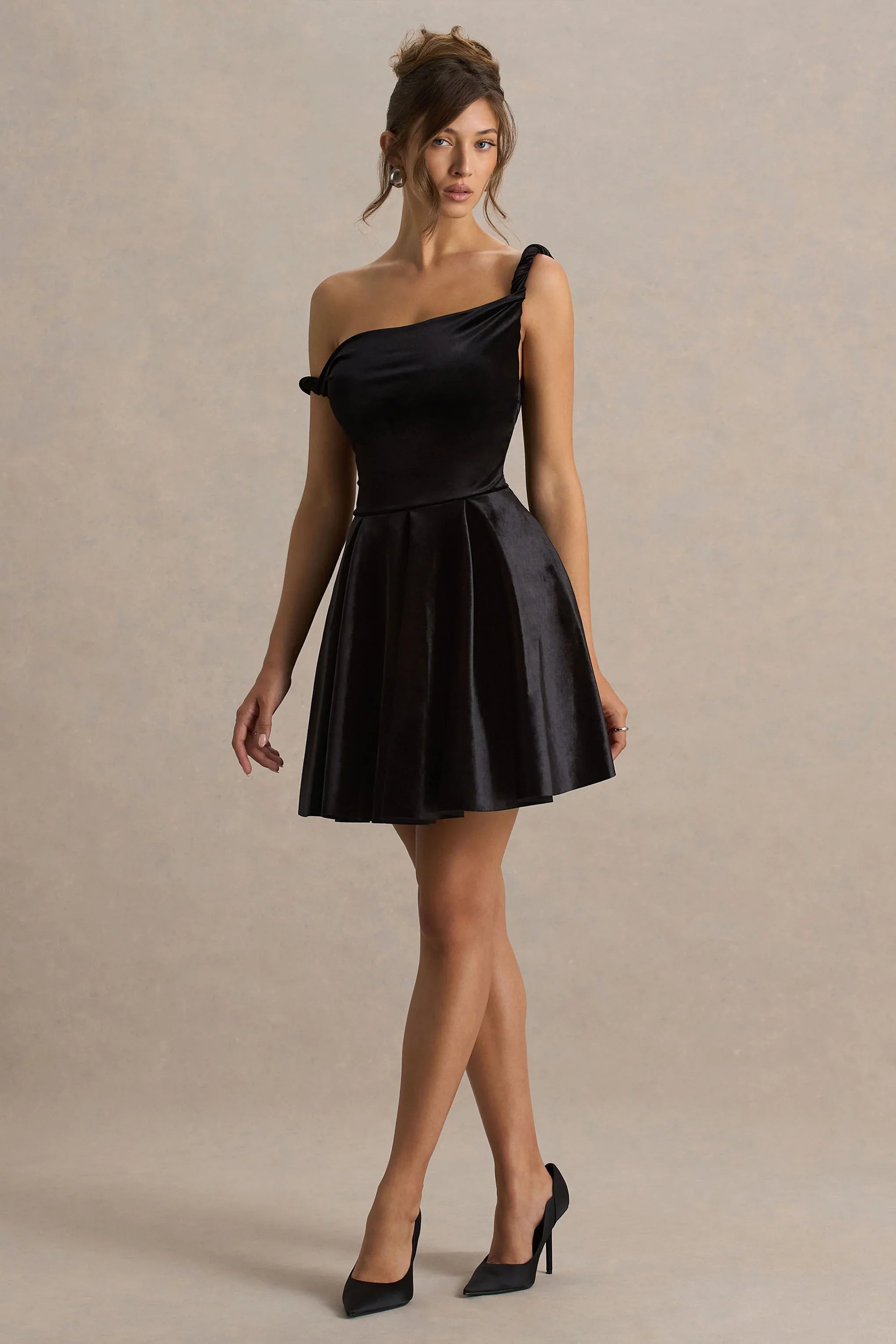 Leticia Black Asymmetric Neck Velvet Mini Dress With Twist Sleeve