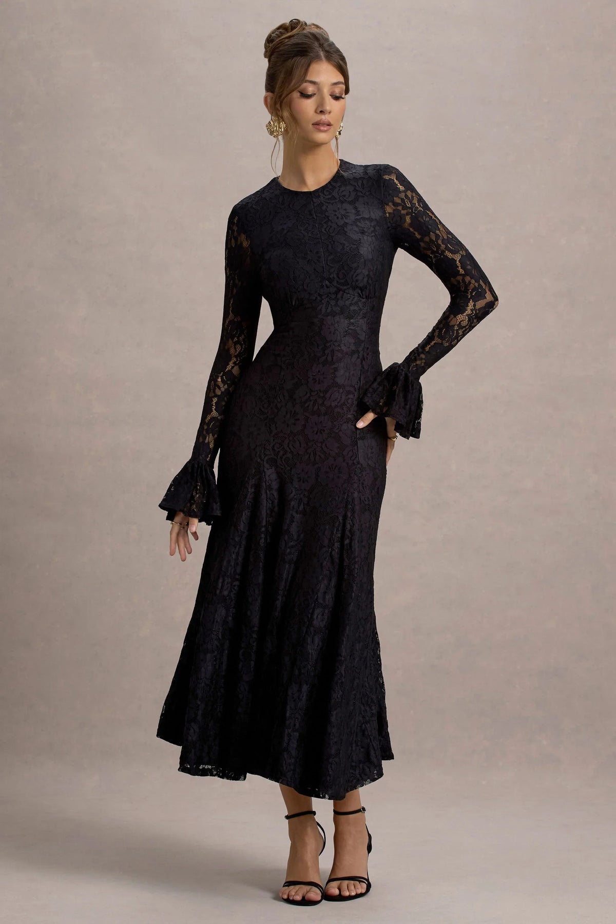 For Life Black Lace Long Sleeve Midi Dress