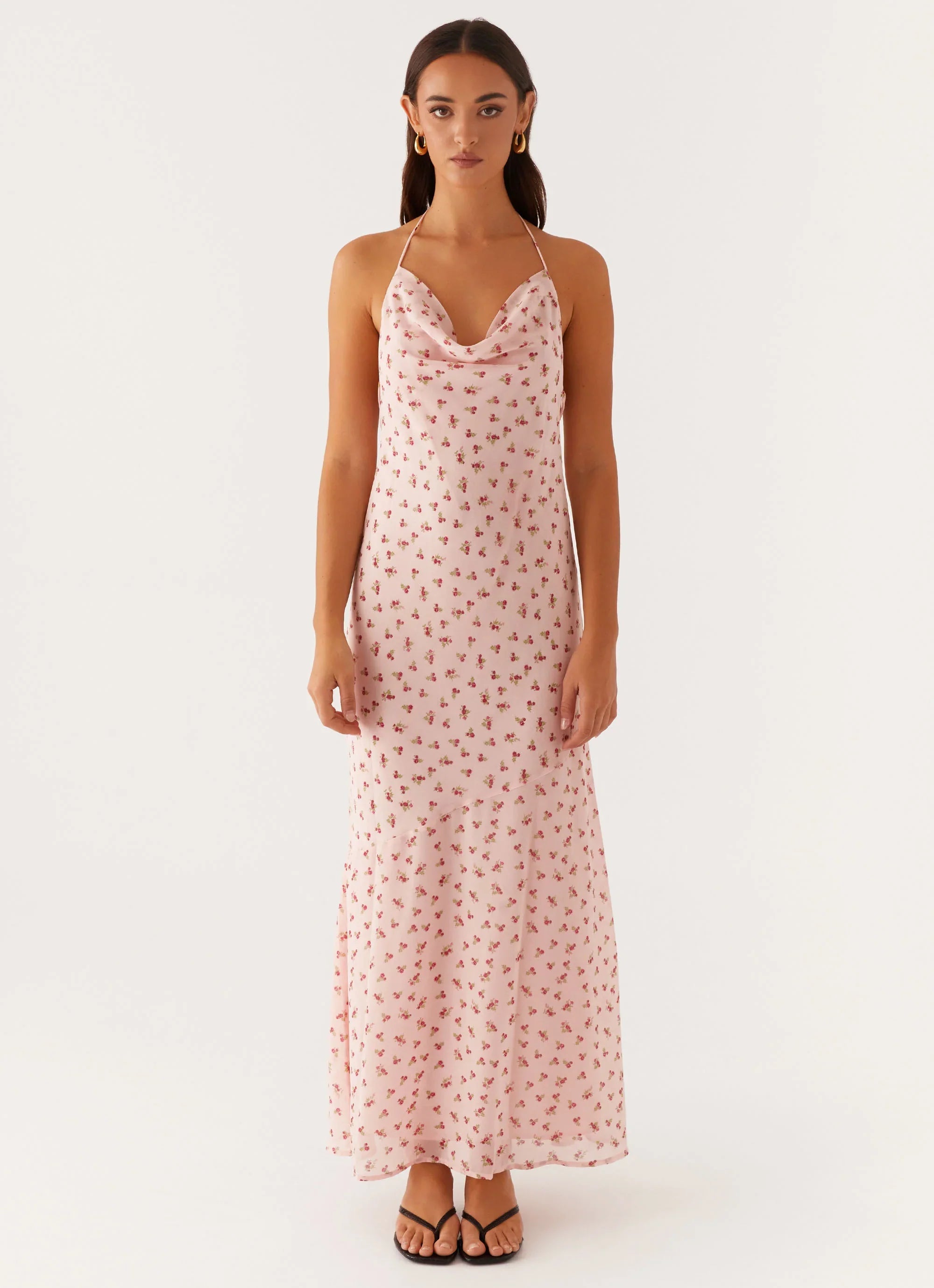 Alianna Cowl Neck Mesh Maxi Dress Pink Flower