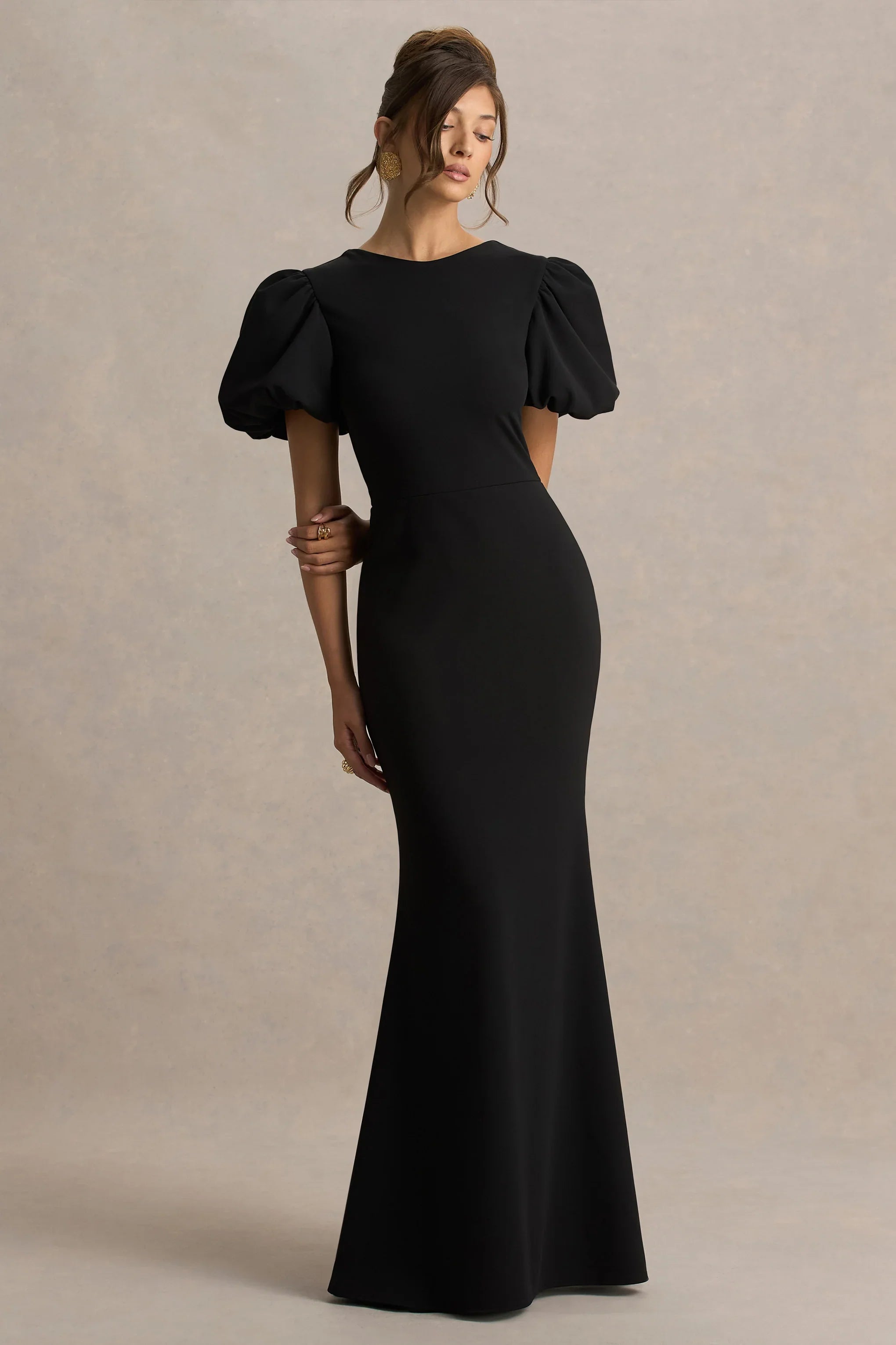 Carolina Black Puff Sleeve Maxi Dress With White Bow Detail