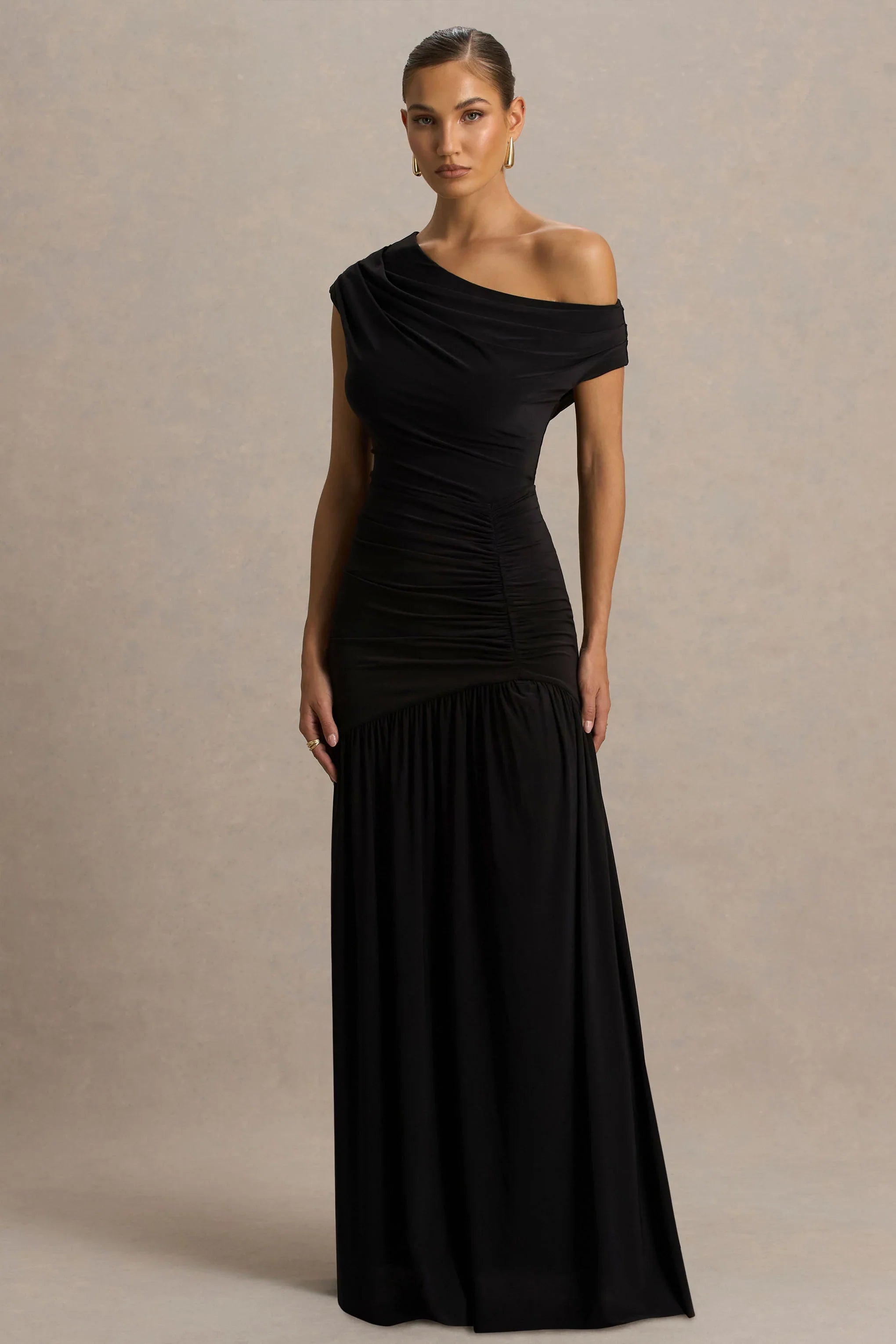 Kady Black Asymmetric Neck Maxi Dress With Ruched Detailing and Front High Split