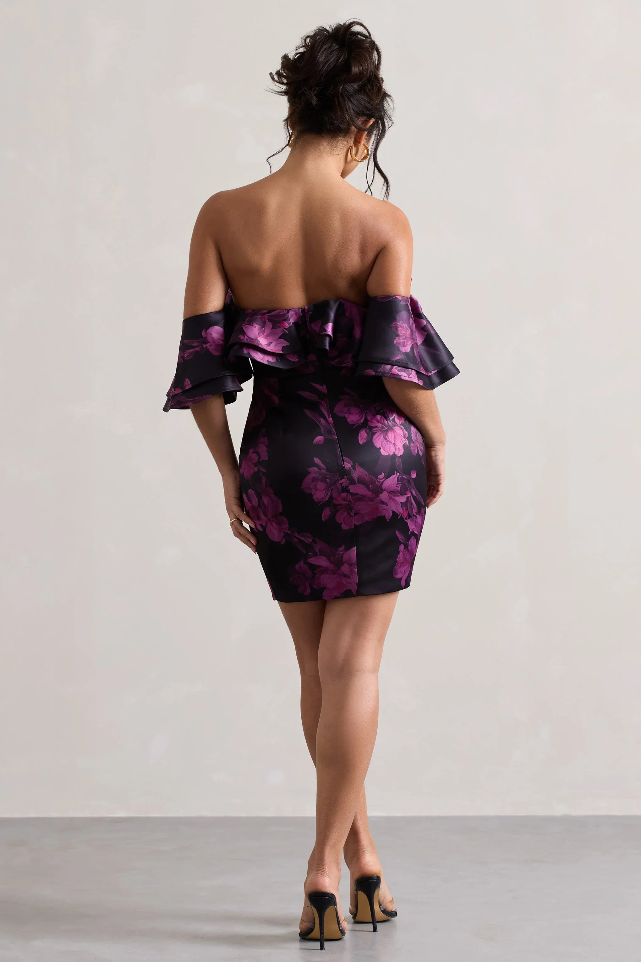 Aspen Black Floral Print Bardot Mini Dress With Ruffles