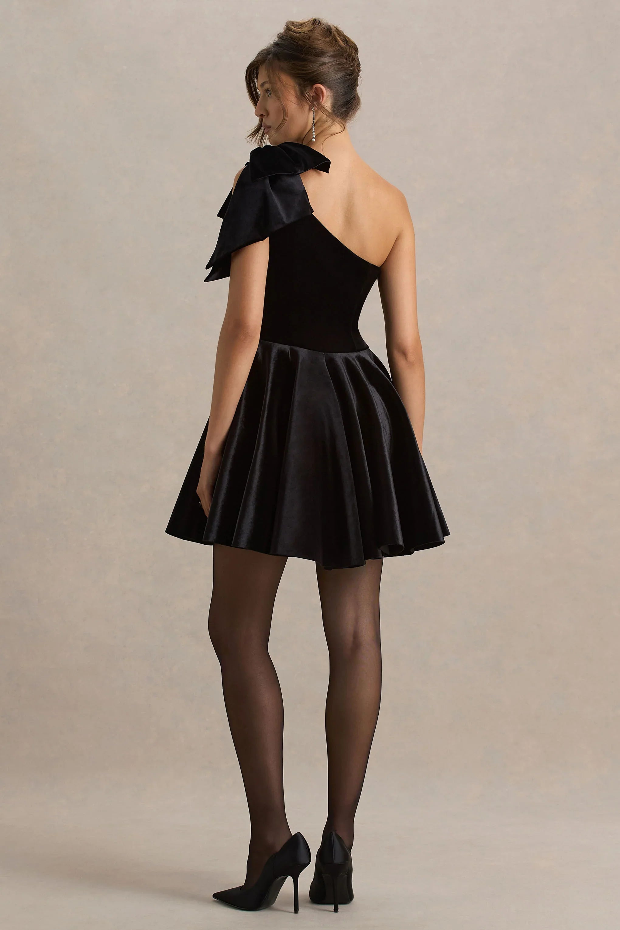 Keeley Black Asymmetric Neck Velvet Mini Dress With Bow Detail