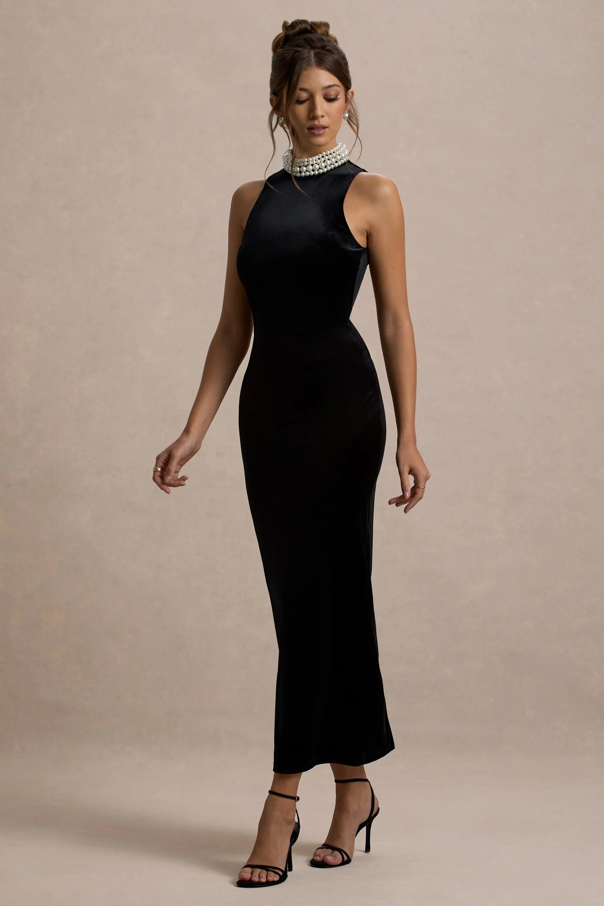 Audrine Black Velvet Embellished High Neck Maxi Dress