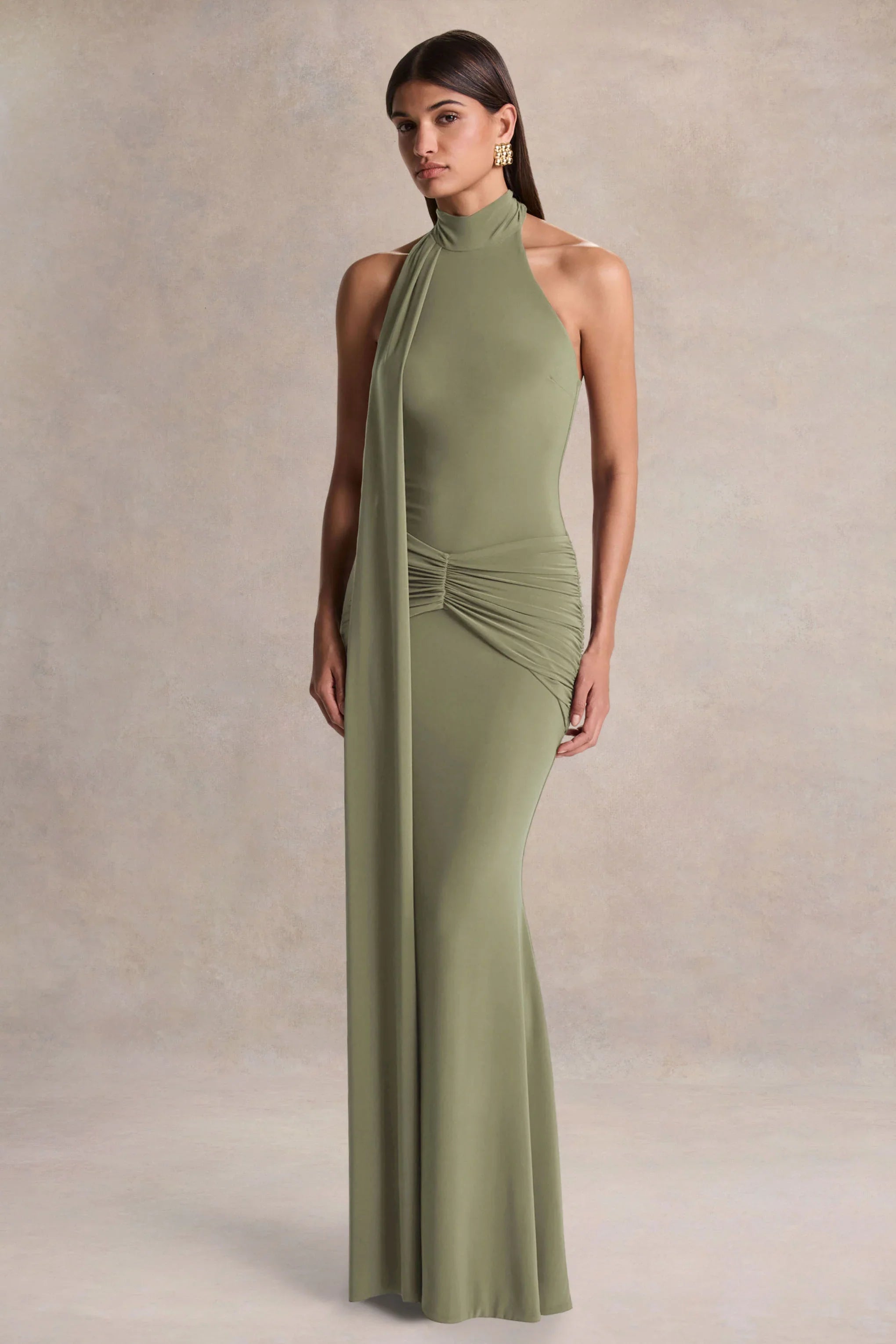 Hyla Green High Neck Maxi Dress With Sash Detail