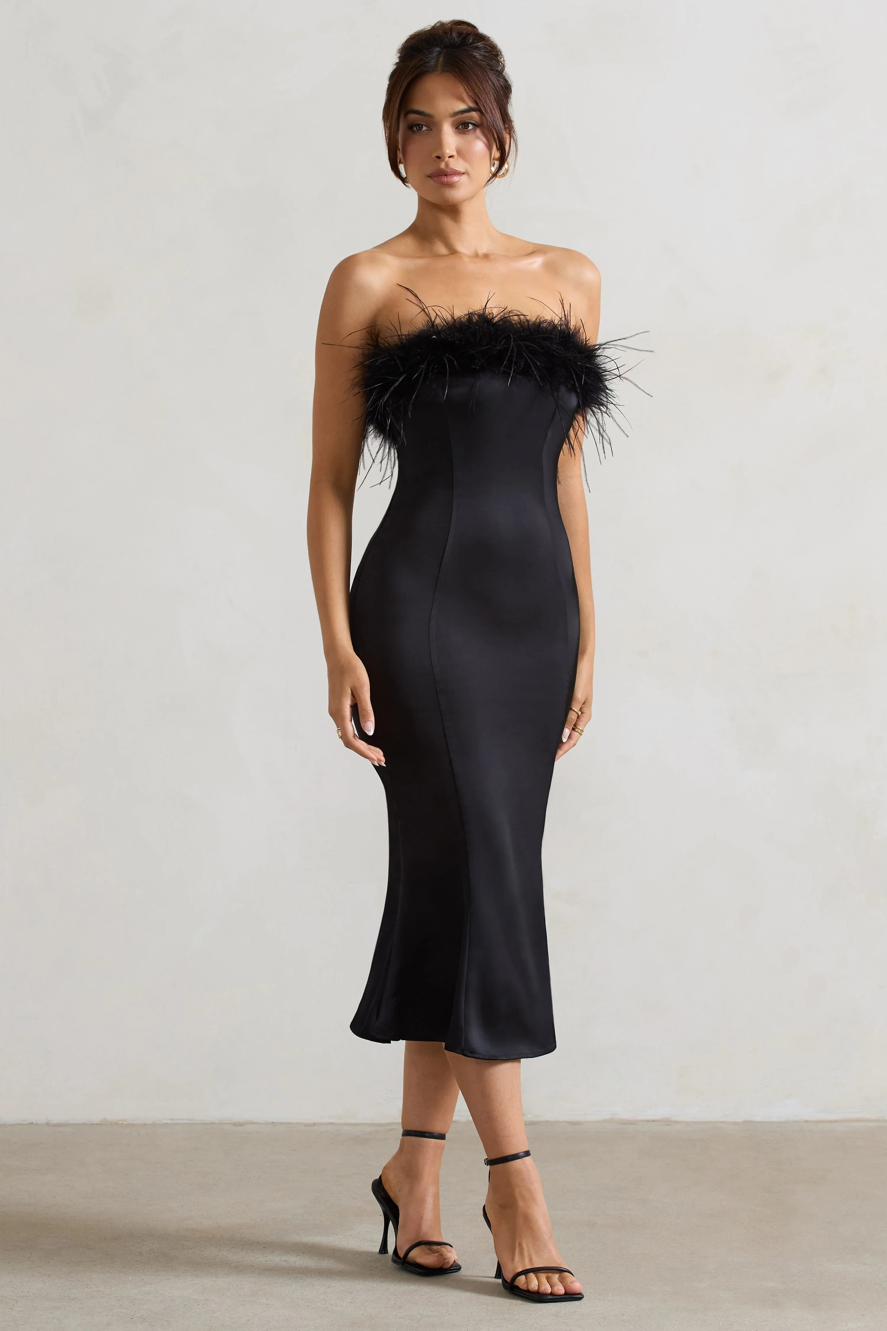 One And Only Black Satin Feather Trim Bandeau Midi Dress